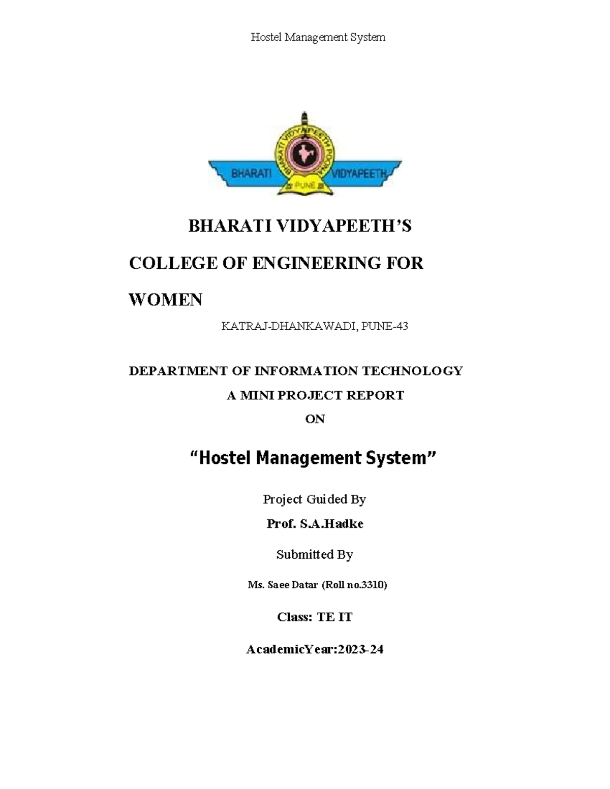 Mini Project Report on Hostel Management System (TE IT) - Studocu