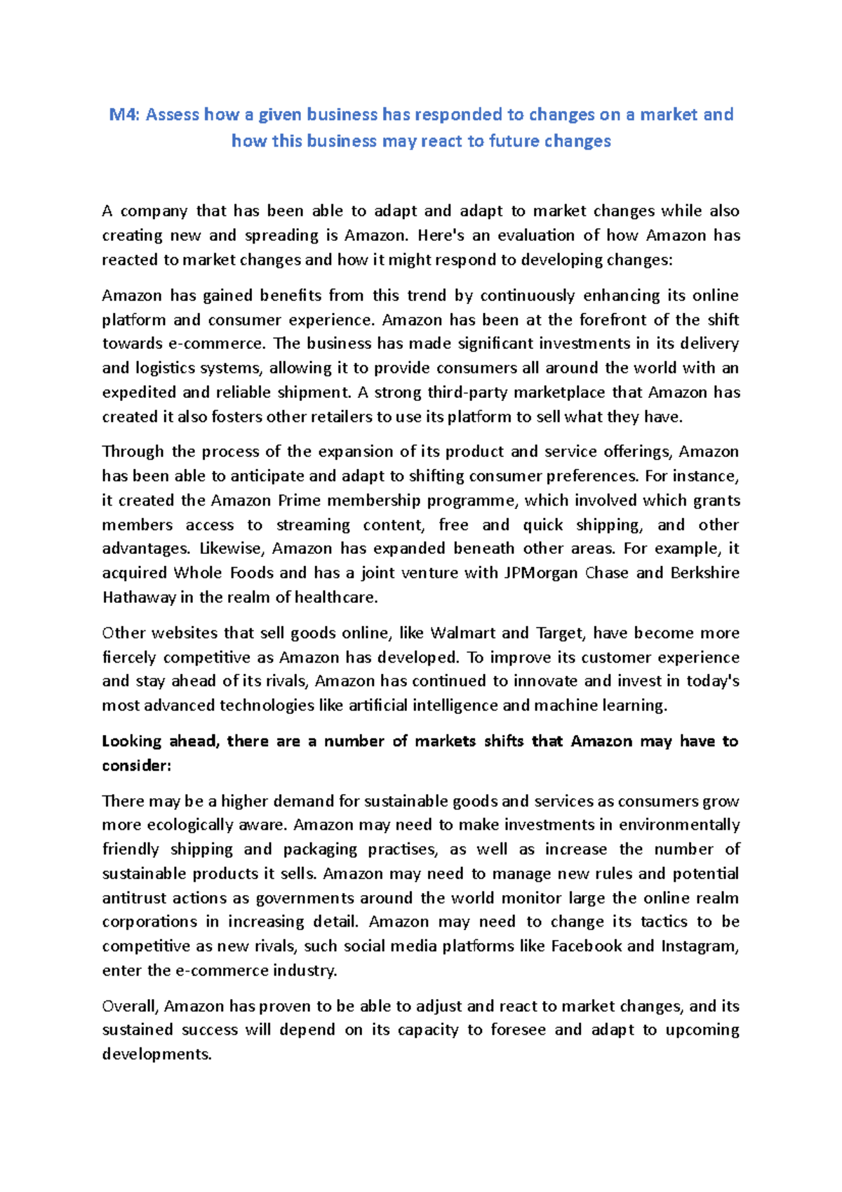 M4 - Amazon's Market Adaptation Strategies and Future Responses - Studocu
