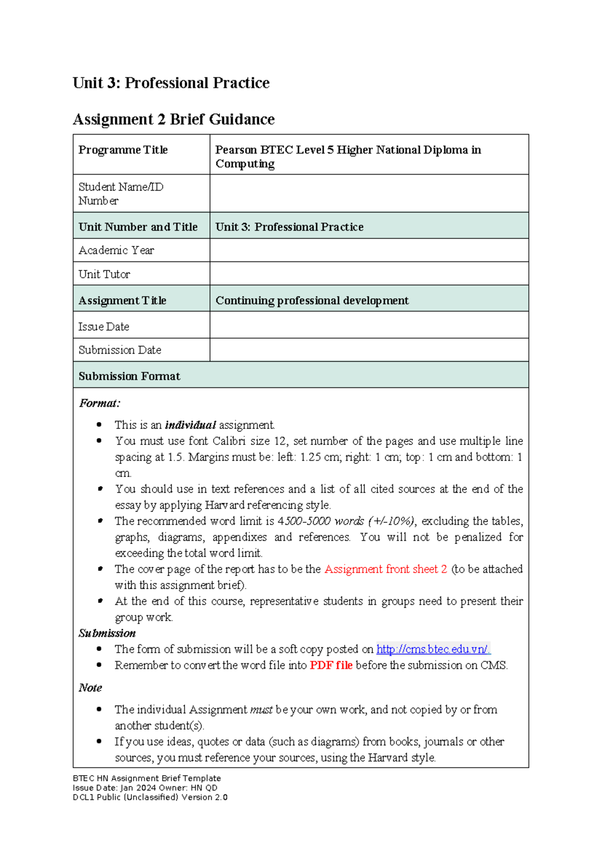 Unit 3: Professional Practice Assignment 2 Guidance for BTEC HN - Studocu