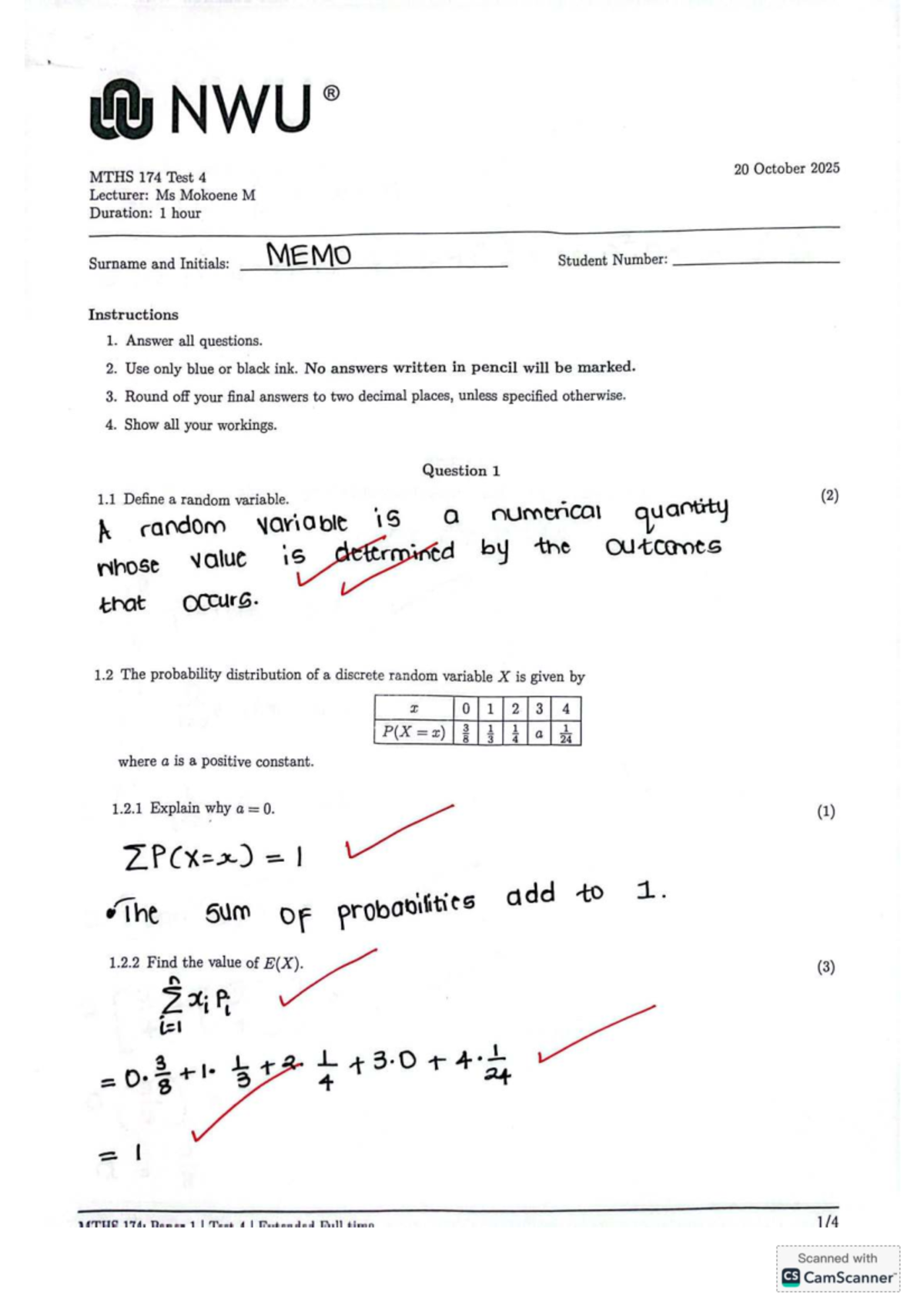 MTHS 174 Test 4 Memo - Detailed Solutions and Explanations - Studocu