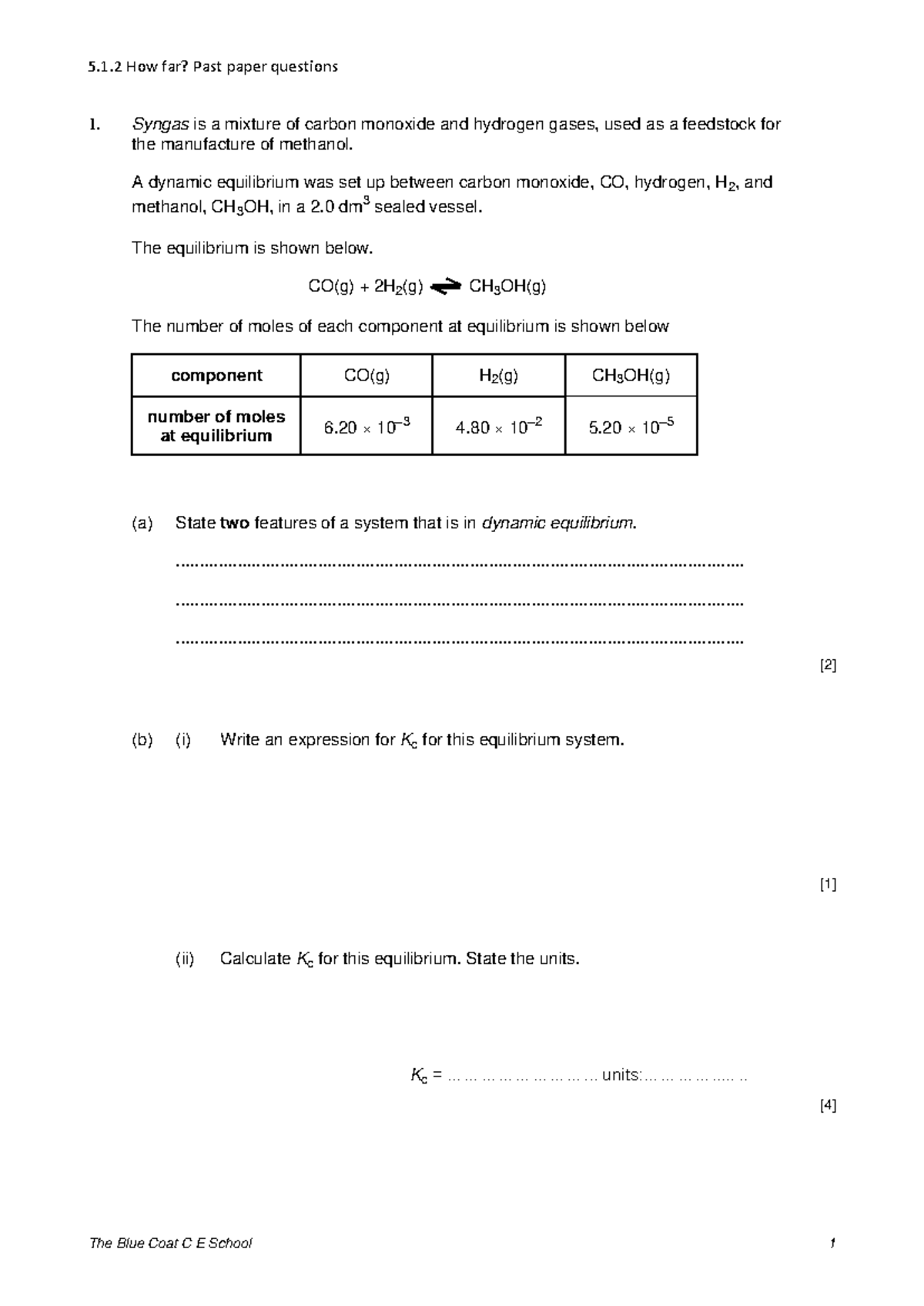 5.1.2 Past Paper Questions on Dynamic Equilibrium and Kc Calculations ...