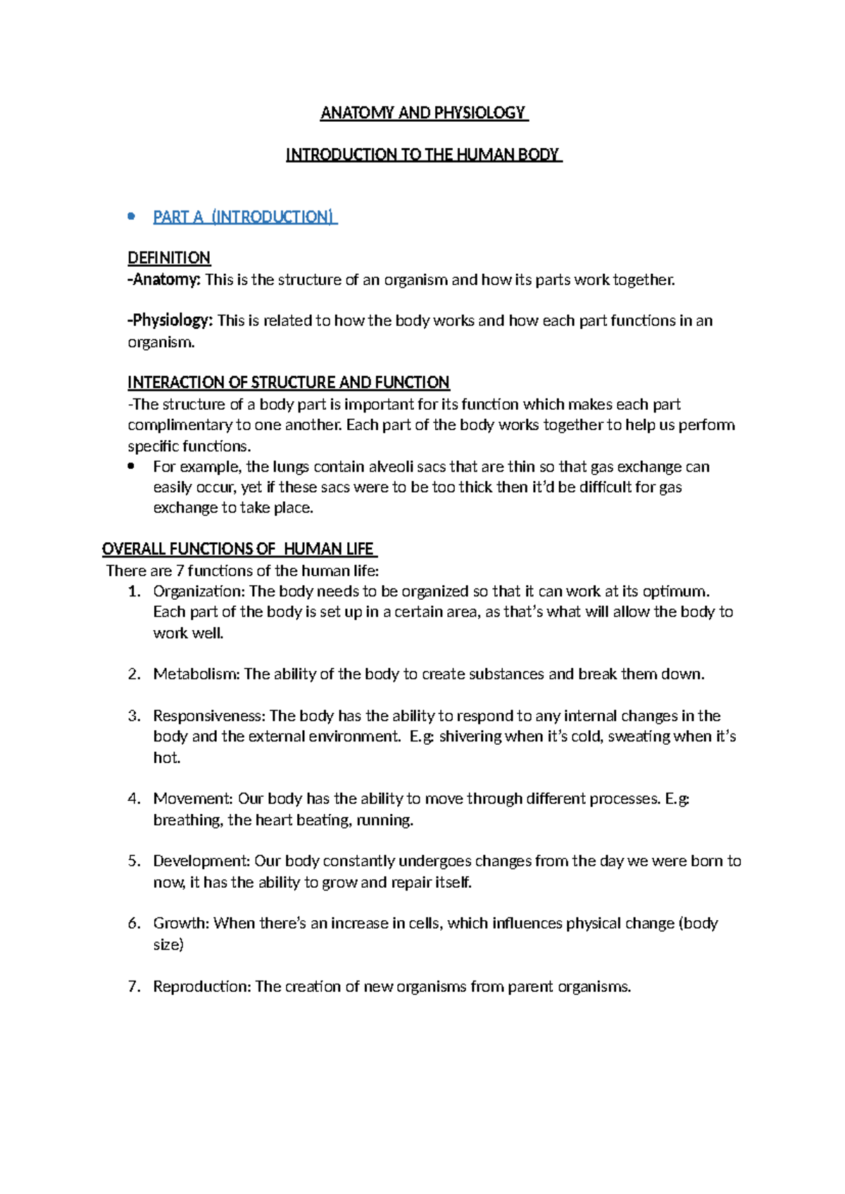 ANATOMY AND PHYSIOLOGY NOTES: INTRO TO HUMAN BODY STRUCTURE & FUNCTION ...