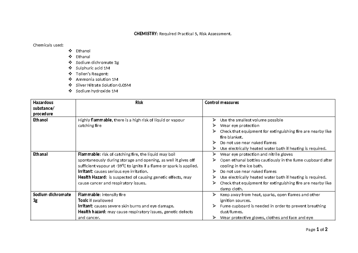 CHEM 101: Practical 5 Risk Assessment for Hazardous Chemicals - Studocu