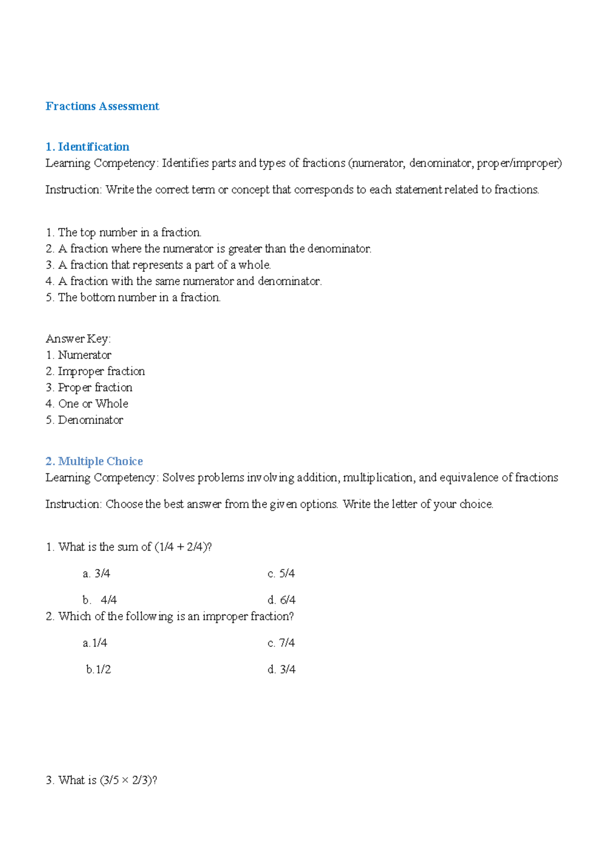 Fractions Assessment 1 - Learning Competencies and Exercises - Studocu