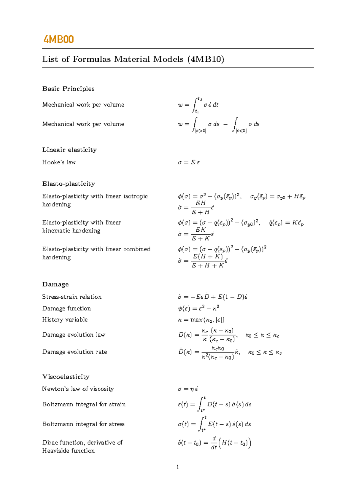 4MB10 List of Mechanical Formulas and Principles Study Guide - Studeersnel