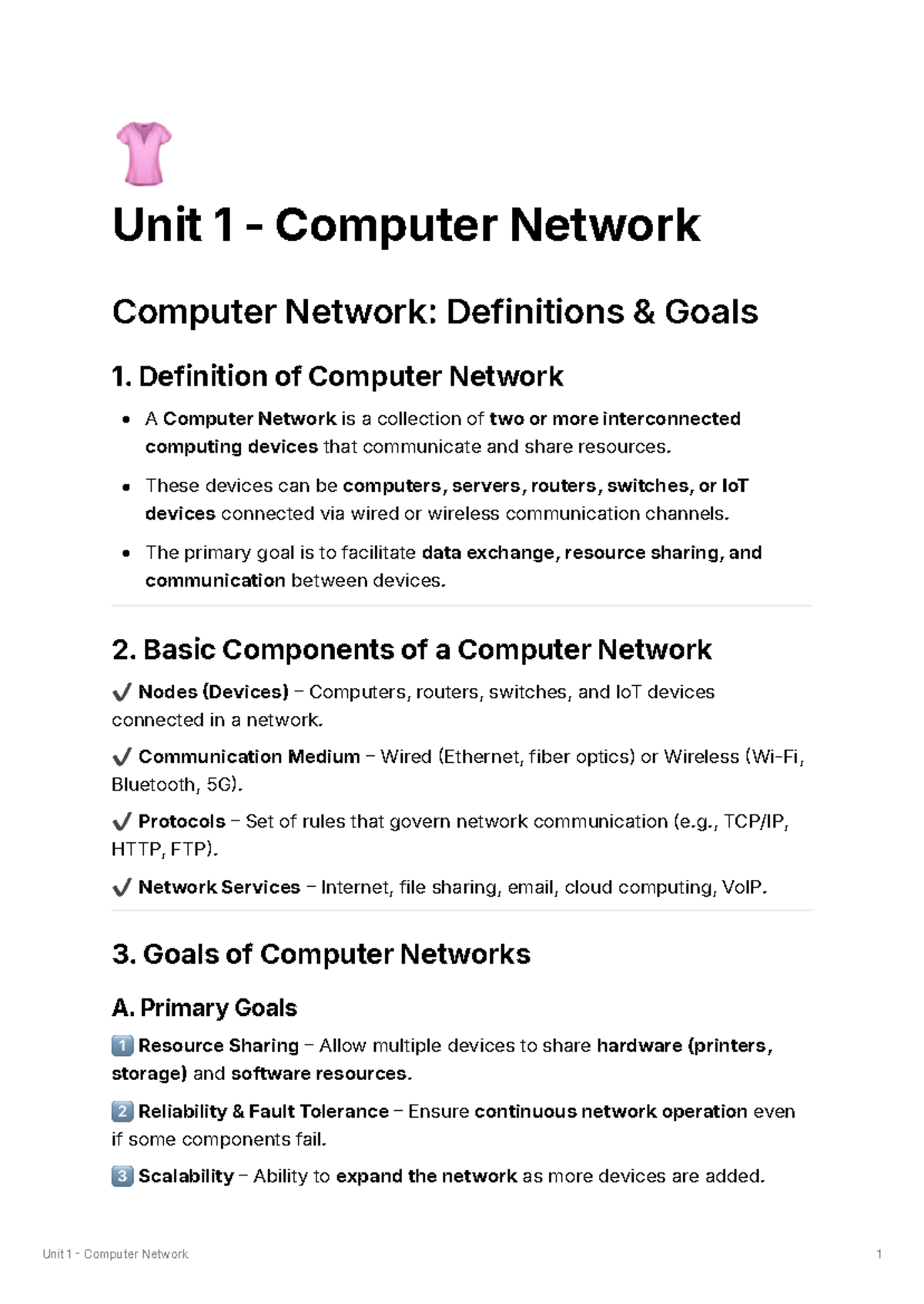 Unit 1 - Computer Network: Definitions, Goals, and Components Overview - Document Preview