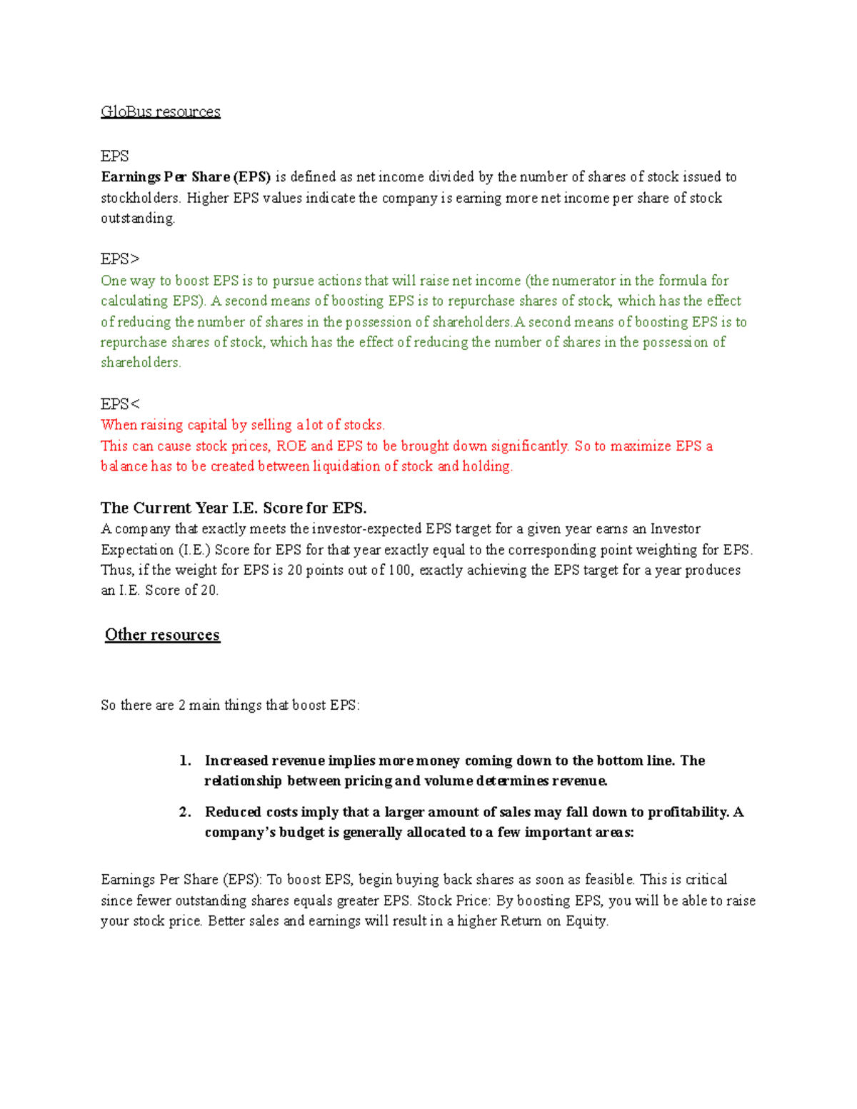 EPS ROE Notes - gggg - GloBus resources EPS Earnings Per Share (EPS) is ...