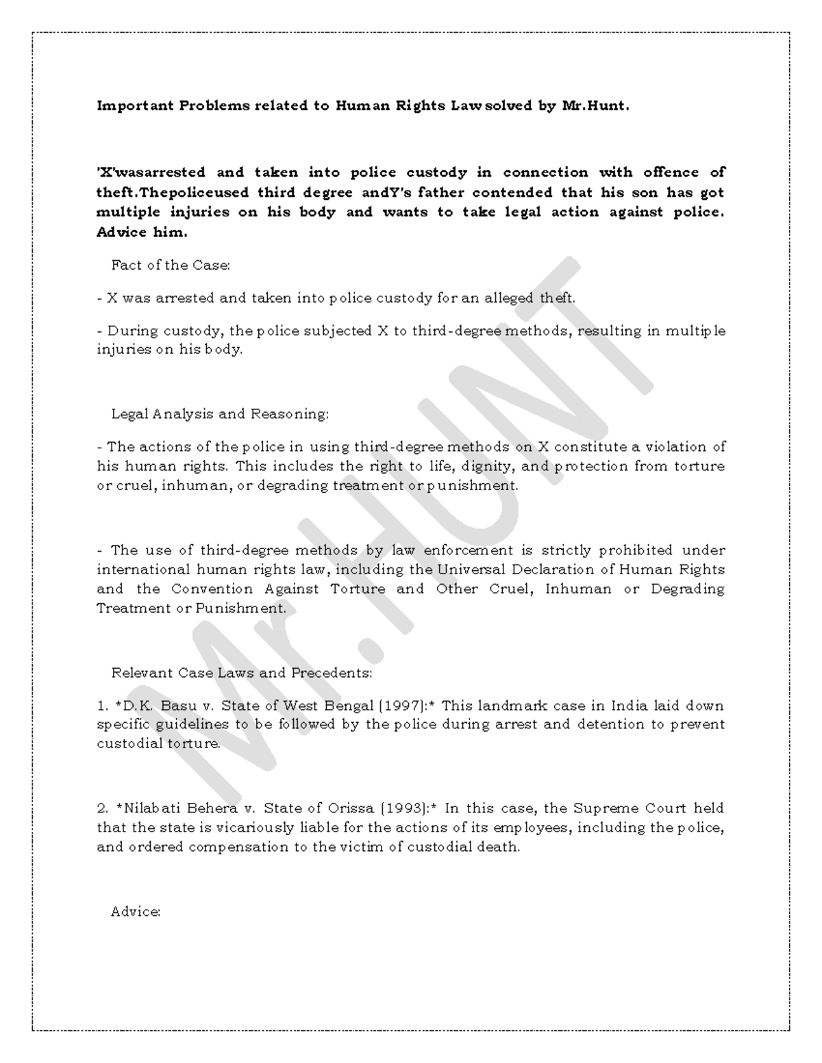 Human Rights Law Case Studies and Solutions by Mr. Hunt - Studocu