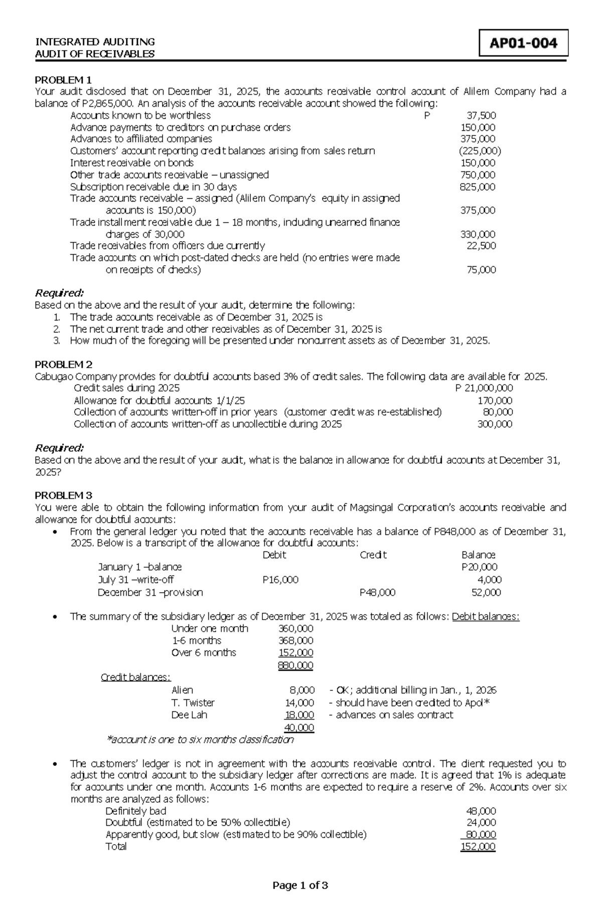 AP04 Integrated Auditing: Audit of Receivables Problems and Solutions ...