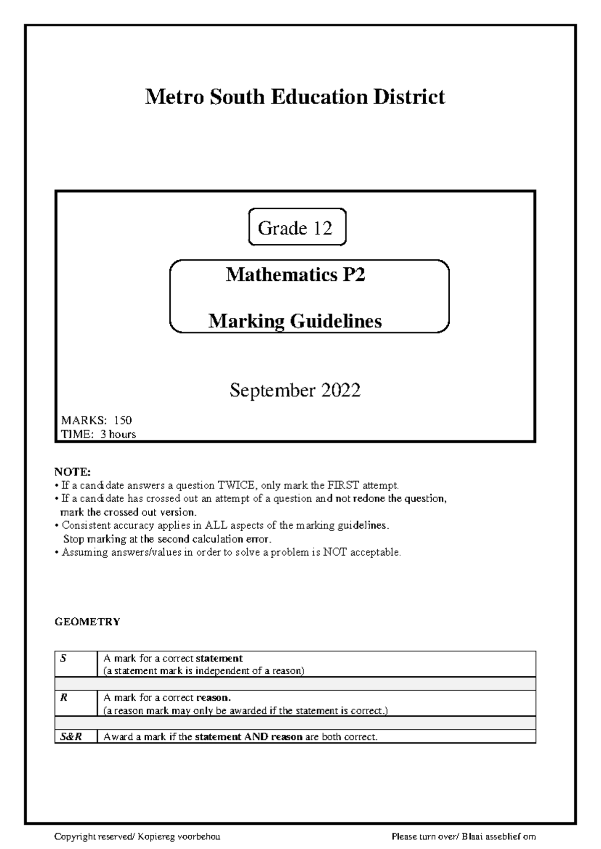 Grade 12 MATH P2 2022 Trial EXAM Paper 2 MEMO - Metro South - Studocu