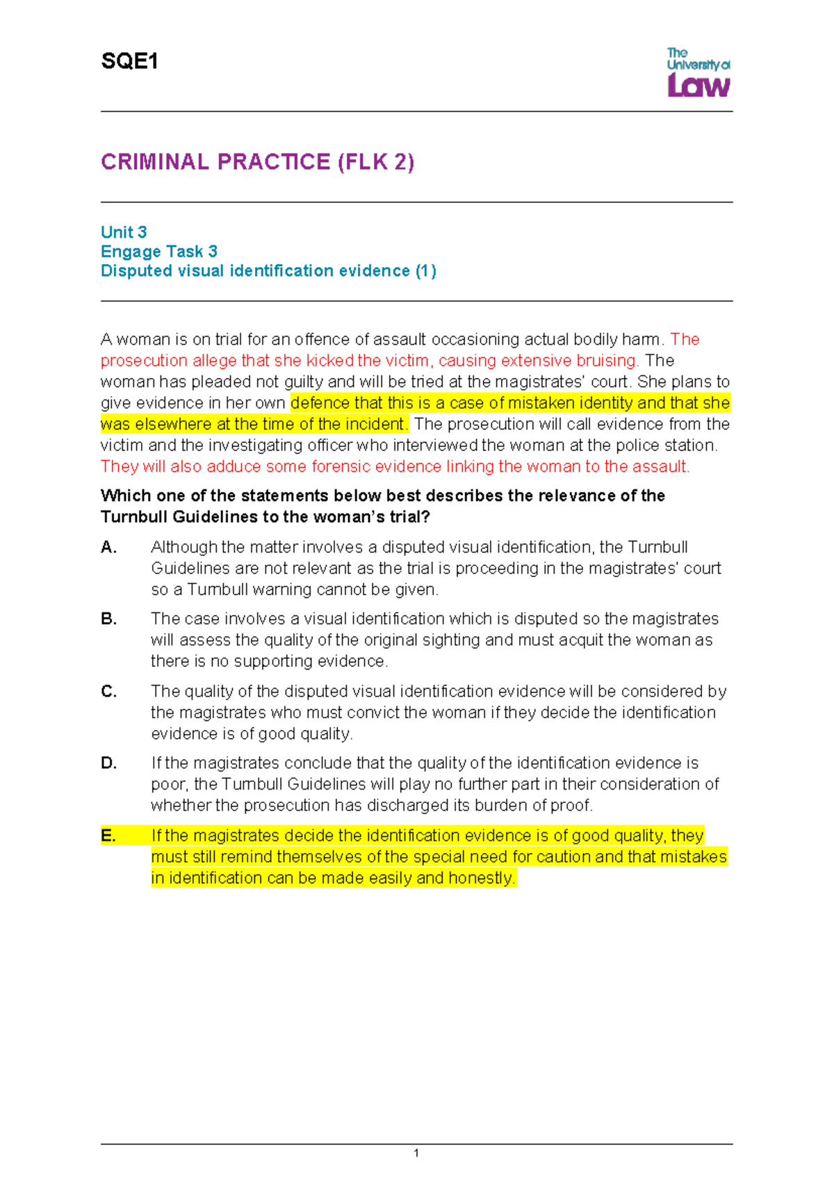 SQE1 CRIMINAL PRACTICE (FLK 2) Unit 3 Task 3: Visual ID Evidence ...