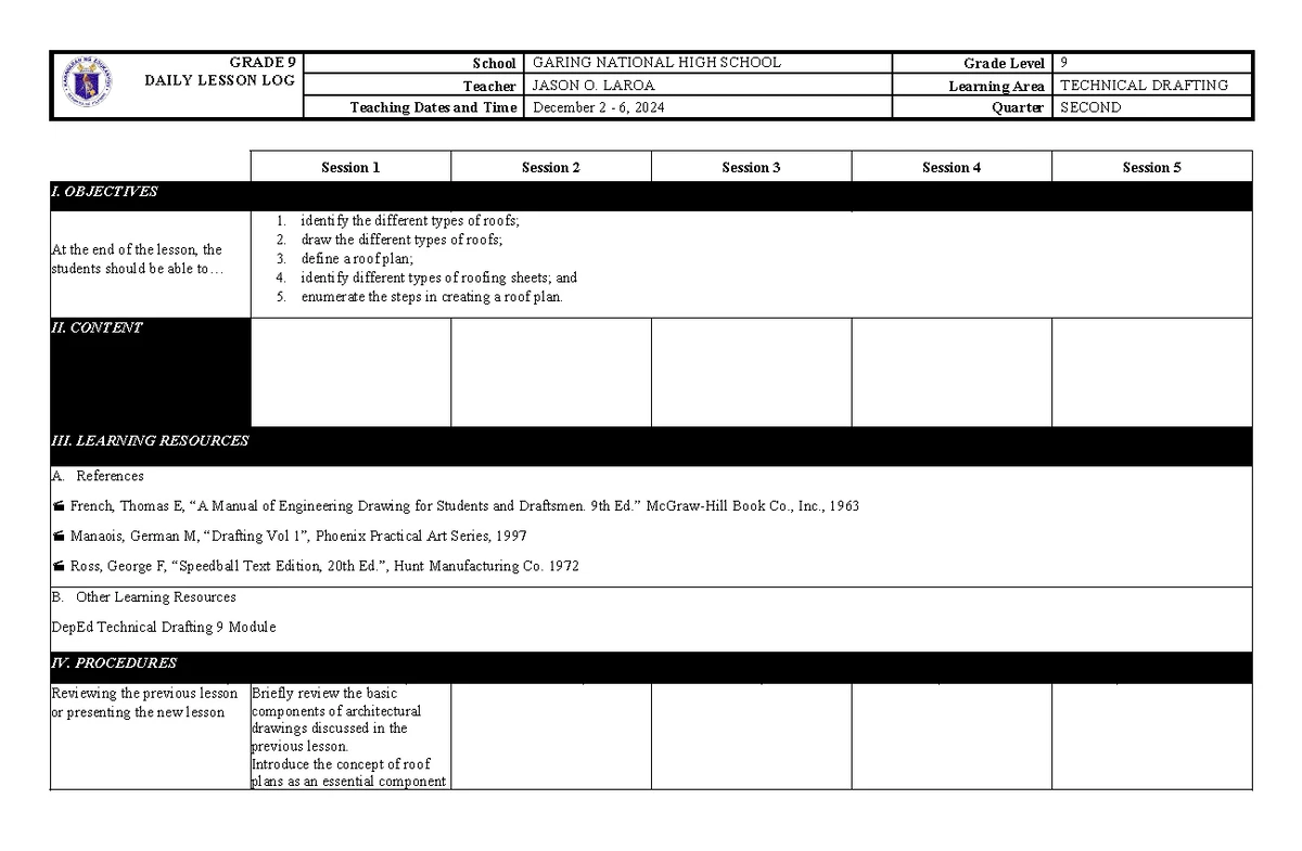 GRADE 9 TECHNICAL DRAFTING DAILY LESSON LOG Q1 W8 - Studocu