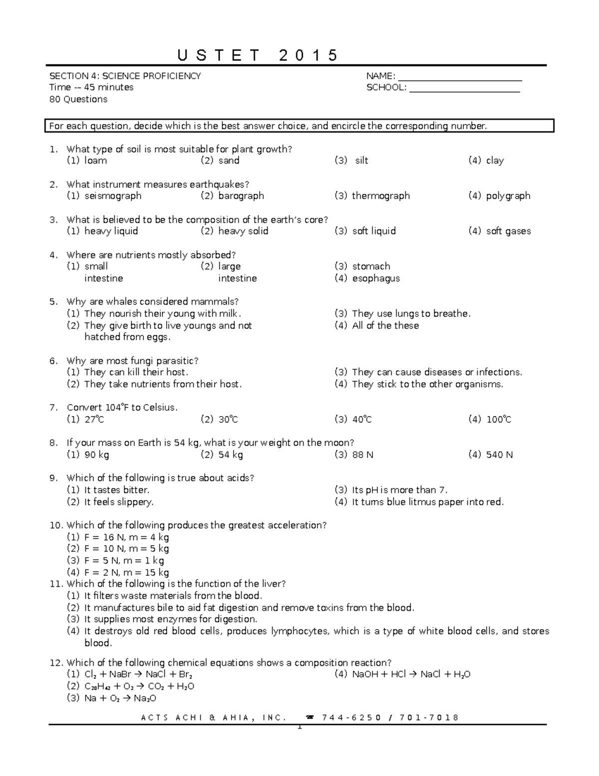 Ustet 2015 Simulated Exam - Section 4 Science Proficiency v.7 - Studocu