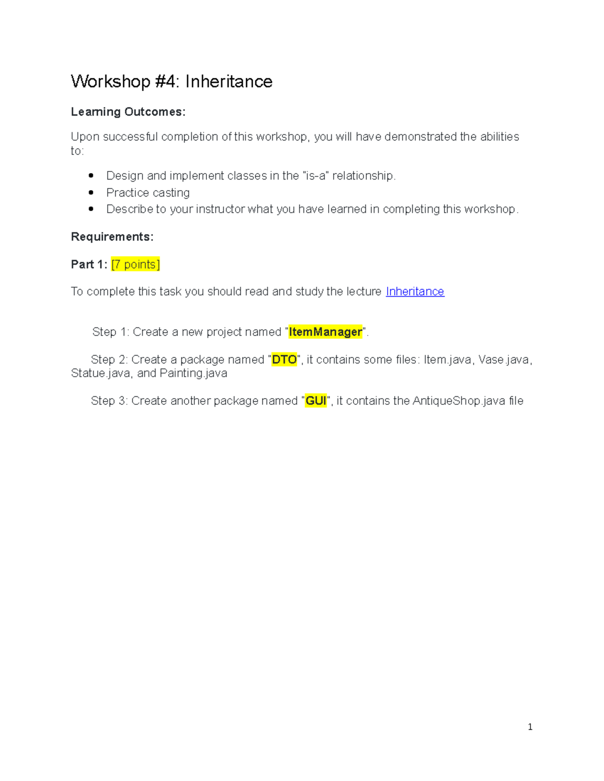 Workshop from home - Workshop #4: Inheritance Learning Outcomes: Upon ...