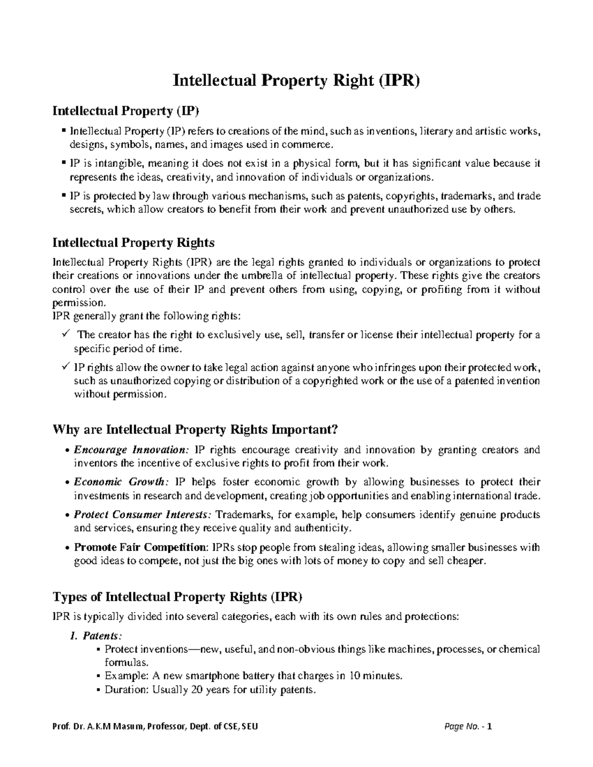 IPR Final Notes: Understanding Intellectual Property Rights and Their ...