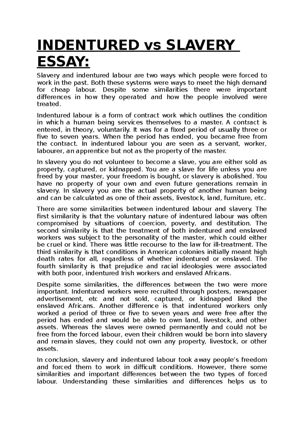 HIST 102: Comparing Indentured Labor and Slavery in America Essay - Studocu