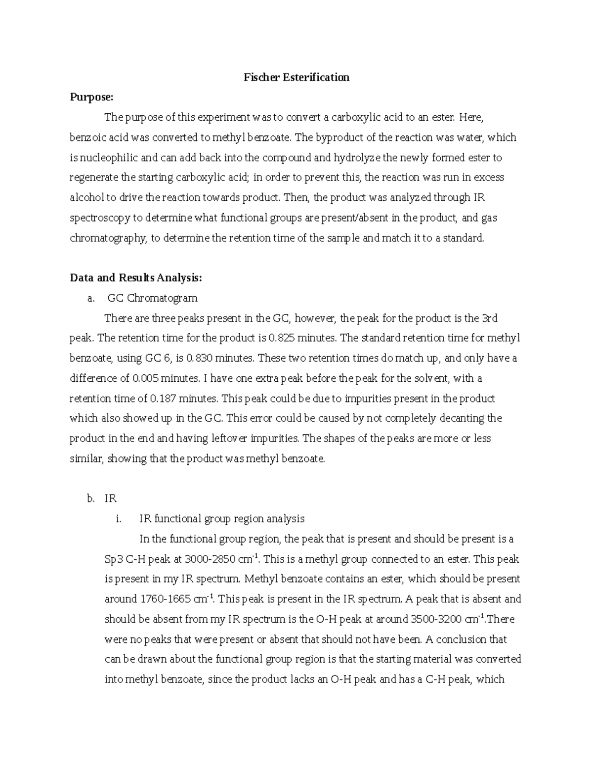 Fischer Esterification Lab Report: Synthesis of Methyl Benzoate - Studocu