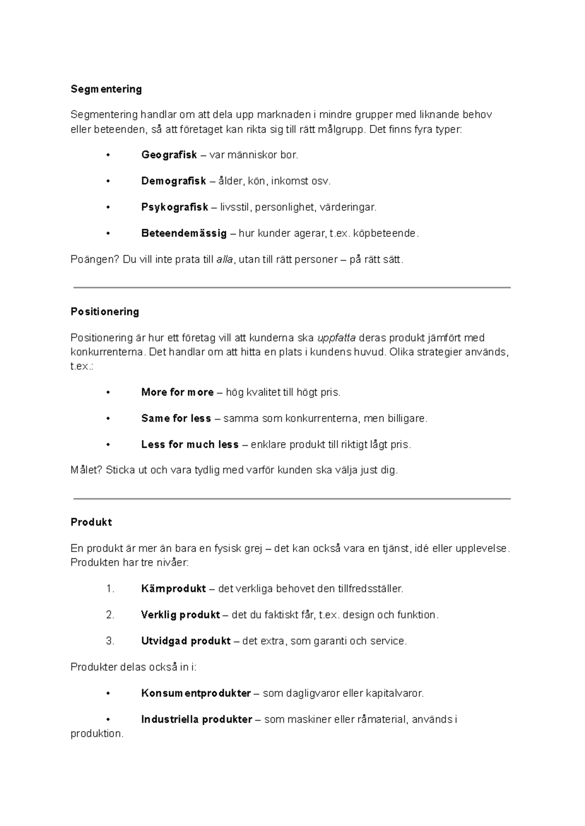 Marknadsföring: Segmentering och positionering av produkter - Studocu
