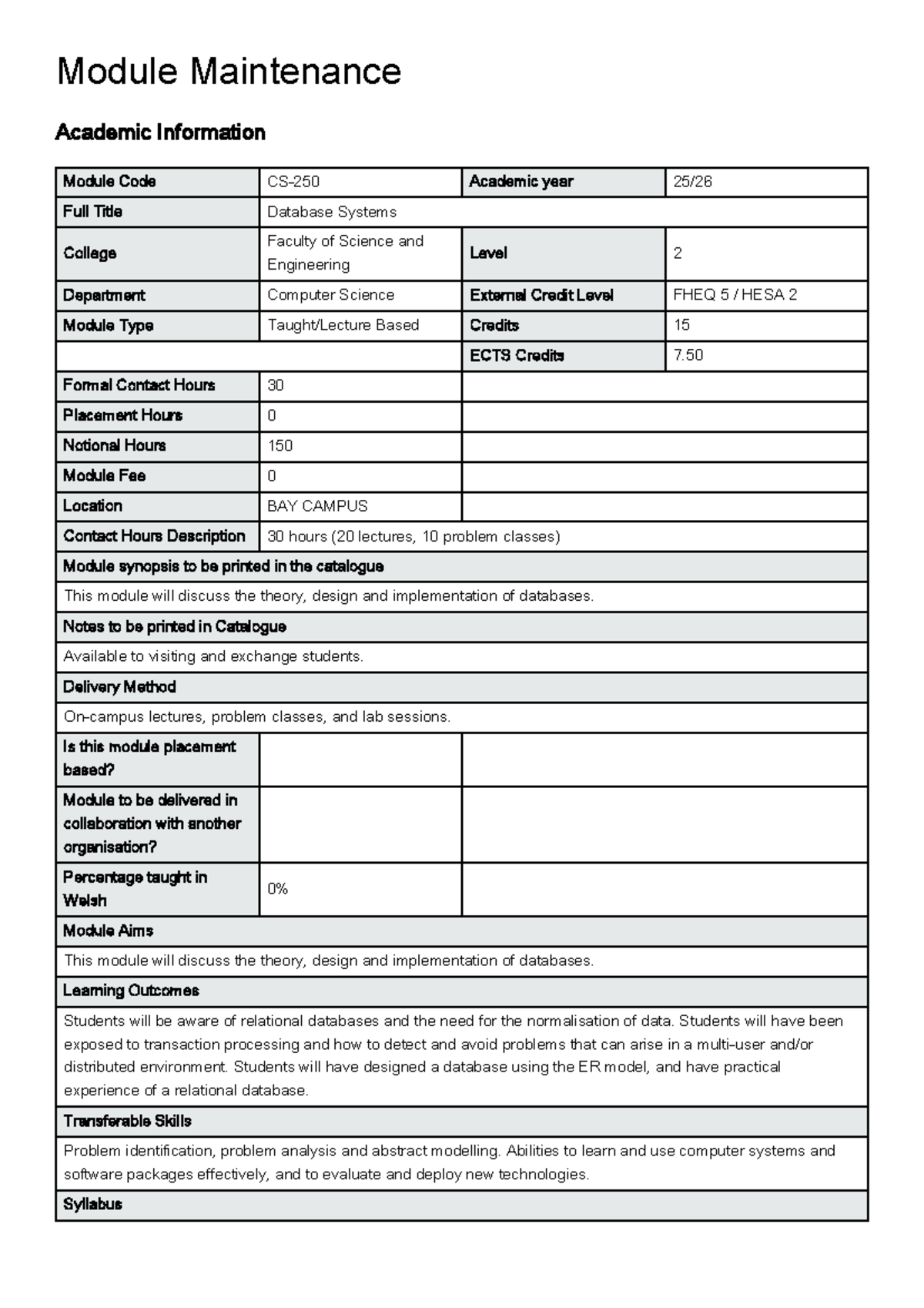 Cs250 syllabus - Module Maintenance Academic Information Module Code CS ...