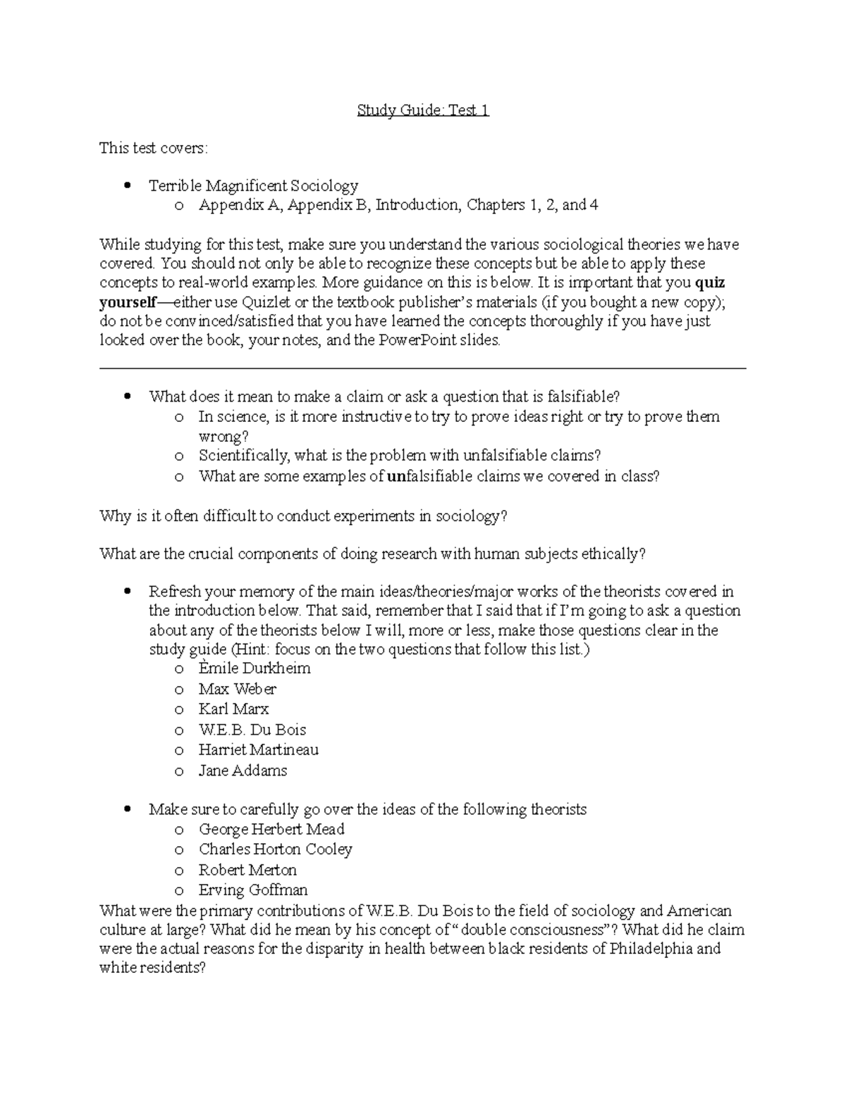 1110 Study Guide: Test 1 - Key Concepts in Sociology - Studocu
