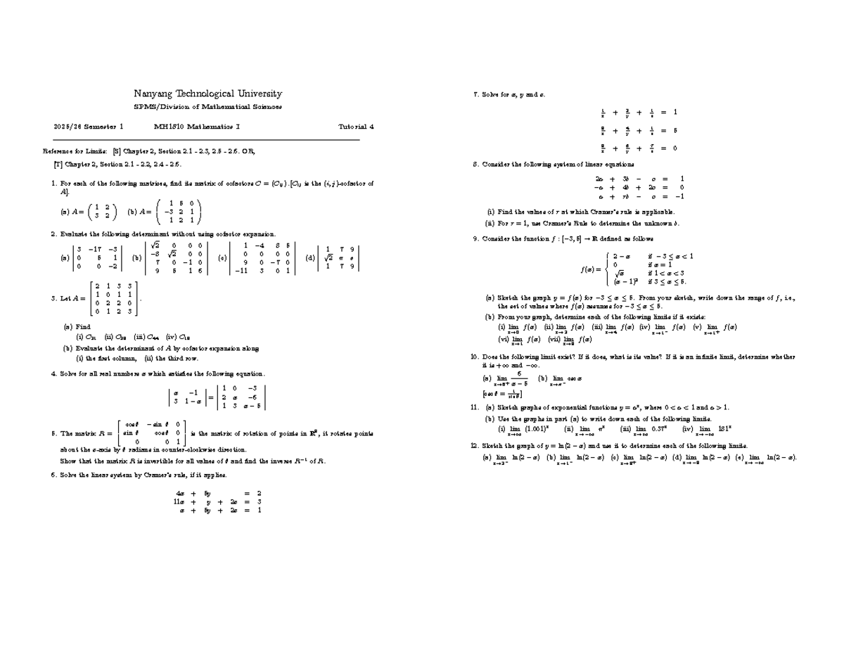 MH1810 Mathematics I Tutorial 4: Solving Determinants and Limits - Studocu