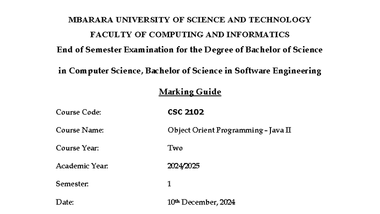 OOP II Marking Guide for BCS2 BSE2 Semester I - December 2024 - Studocu