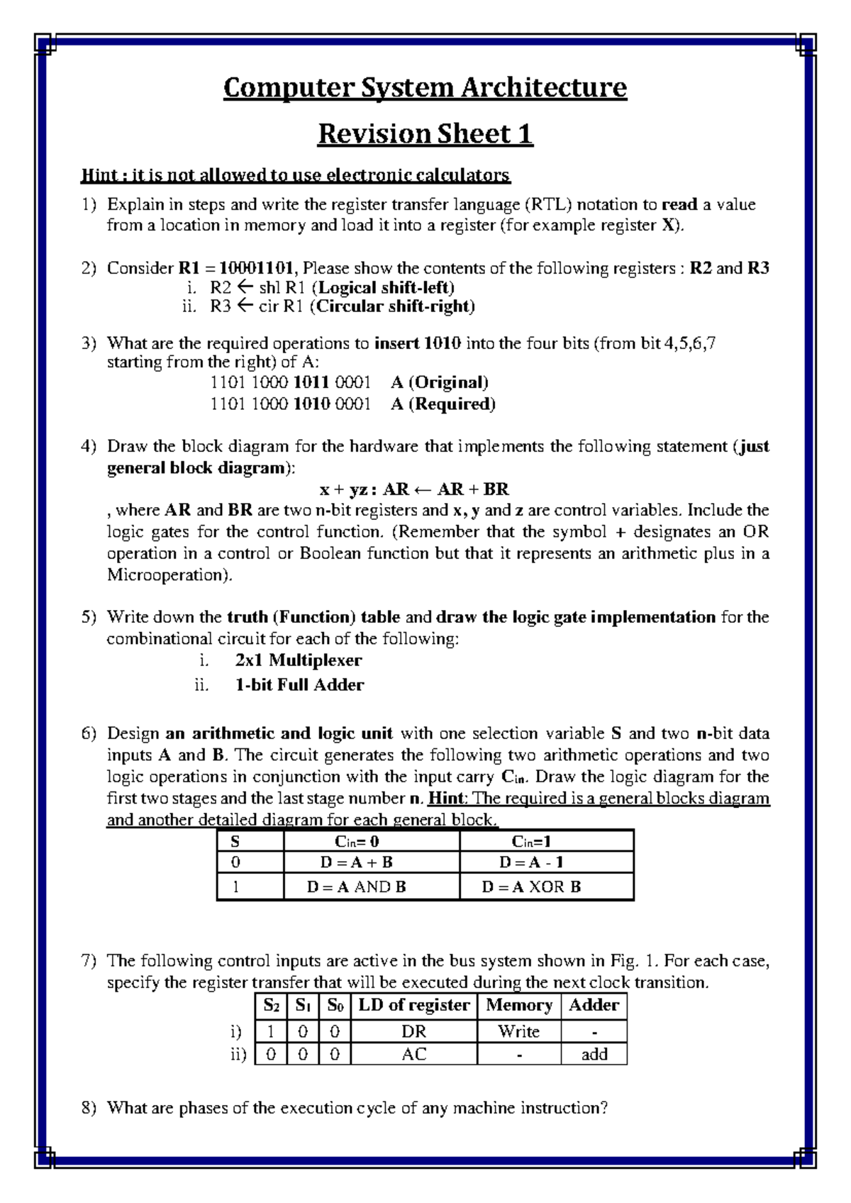 Computer System Architecture Revision Sheet 1: Key Concepts and ...
