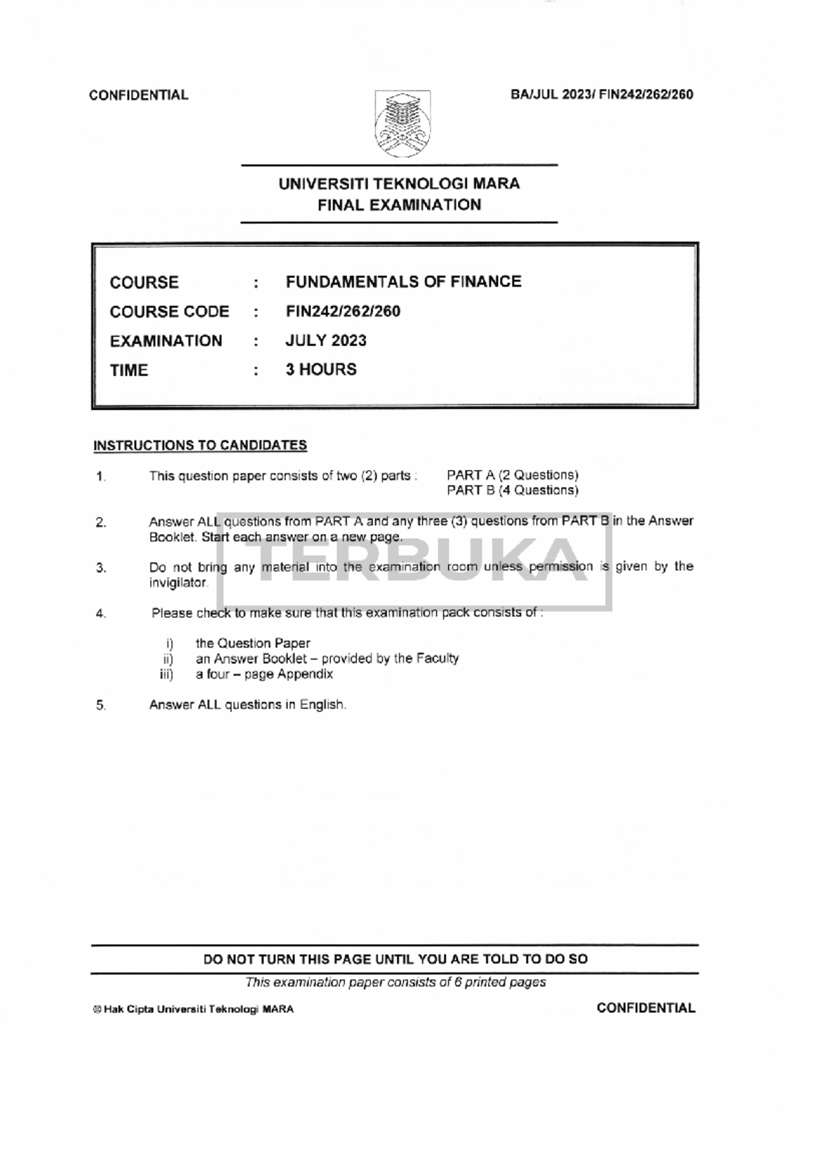 FIN242 JULY2023 Q - CONFIDENTIAL UNIVERSITI TEKNOLOGI MARA FINAL ...