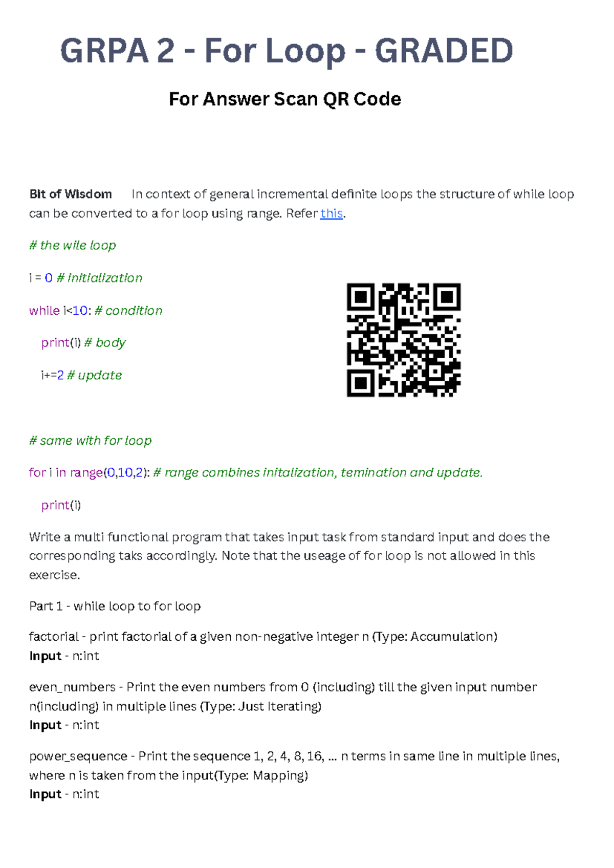 For Loop Exercises and Examples - Week 3 GRPA 2 - Graded - Studocu