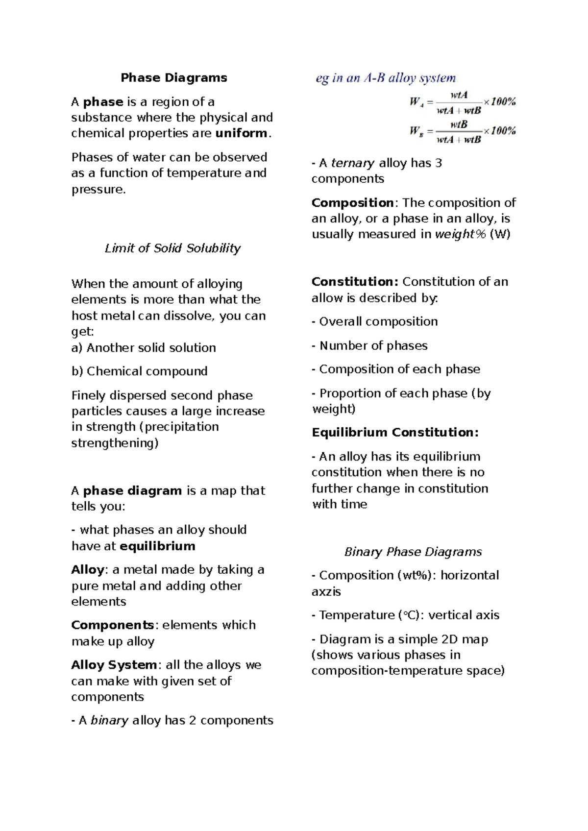 MATS1101 Materials Final Exam Notes on Phase Diagrams and ...