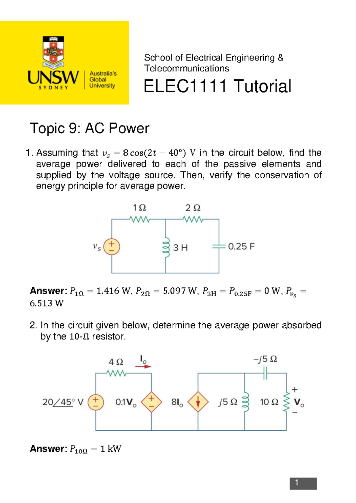 Telecommunications Tutorial (EE 101) - Solved Examples for Topic 9: AC ...