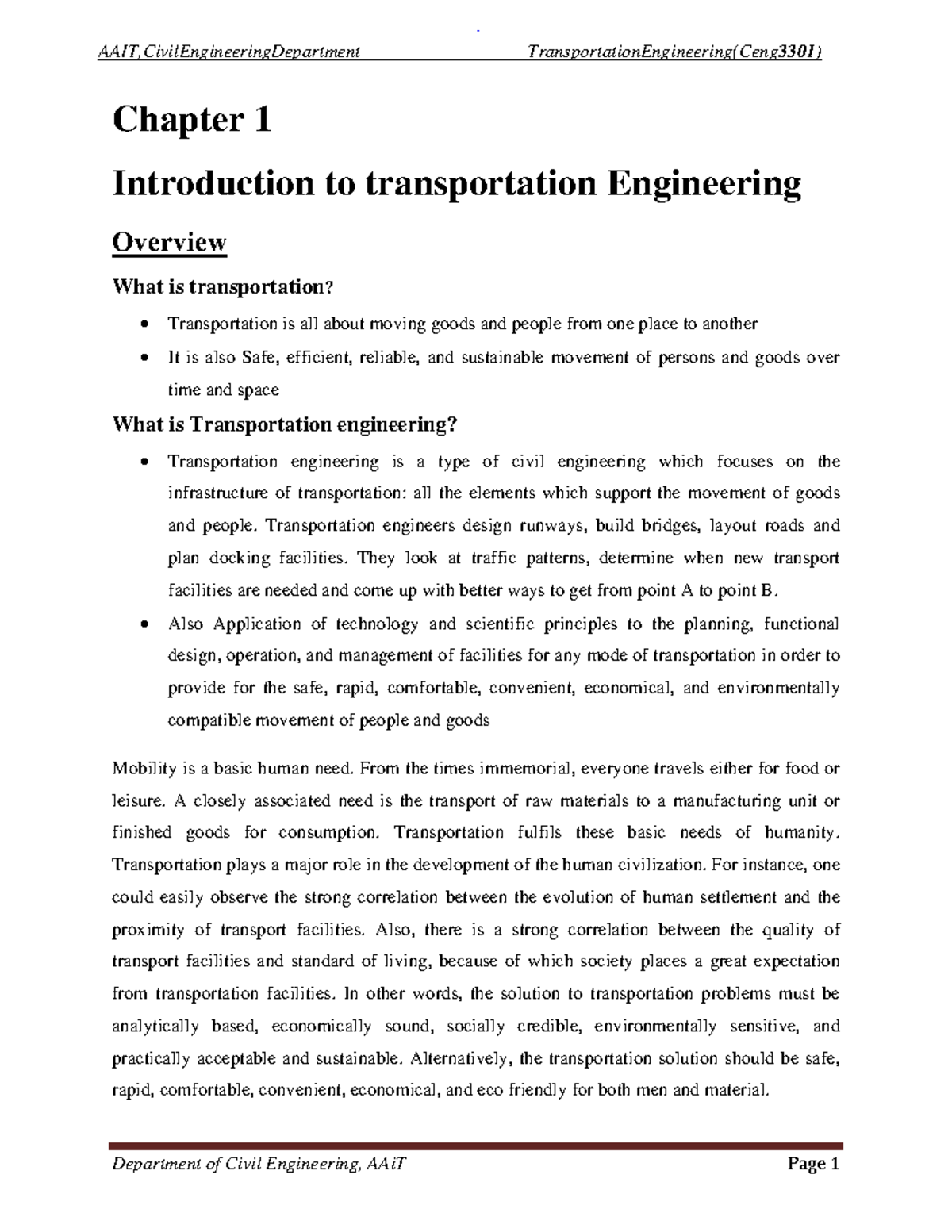 AAIT CEng3301: Chapter 1 - Introduction to Transportation Engineering ...