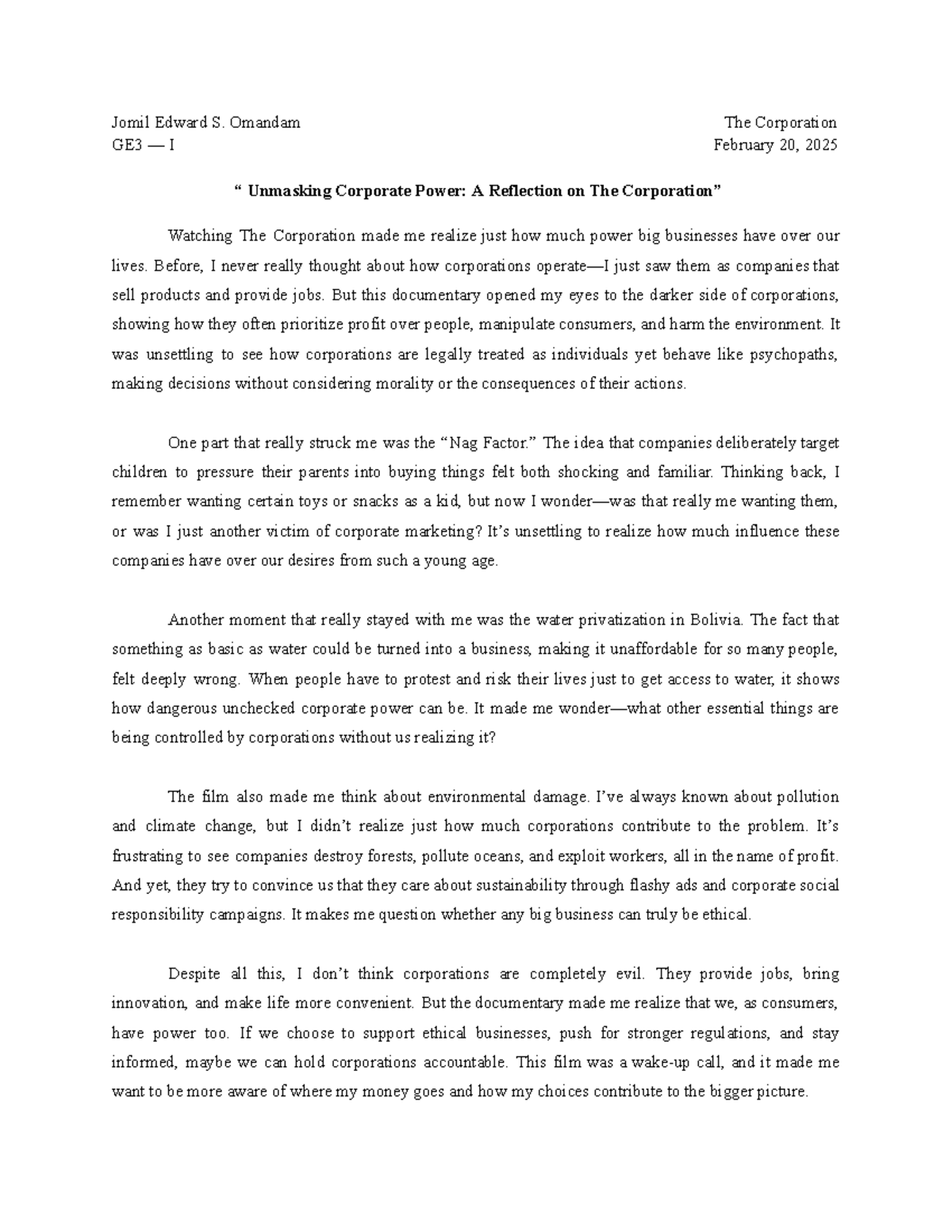 GE3 I Reflection on Corporate Power: Insights from The Corporation ...