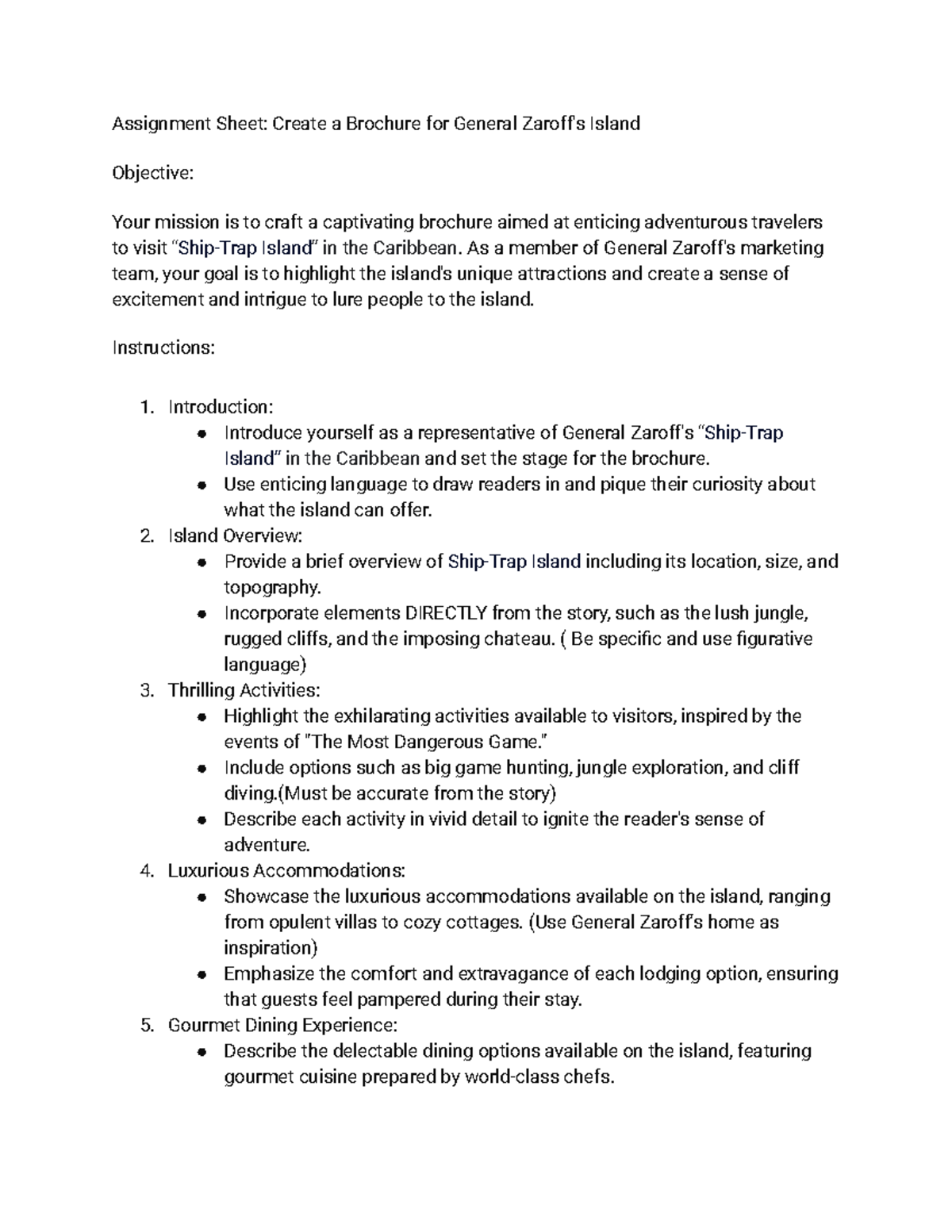 Create a Brochure for General Zaroff's Island - Assignment Sheet ...