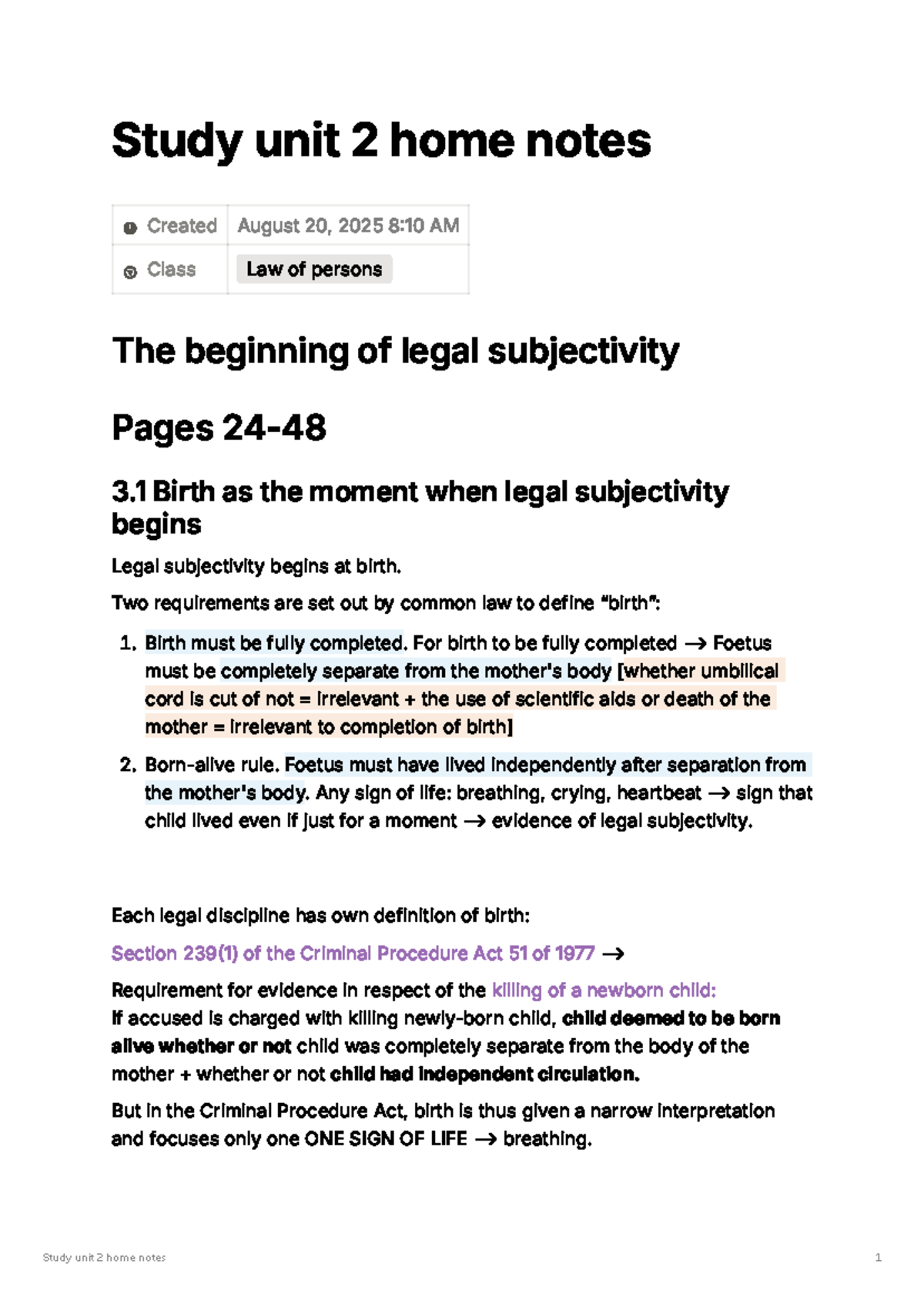 Law of Persons 144: Study Unit 2 Home Notes on Legal Subjectivity - Studocu