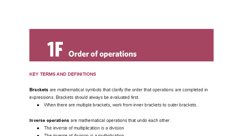 1F Order of Operations: Key Terms & Definitions in Maths - Studocu