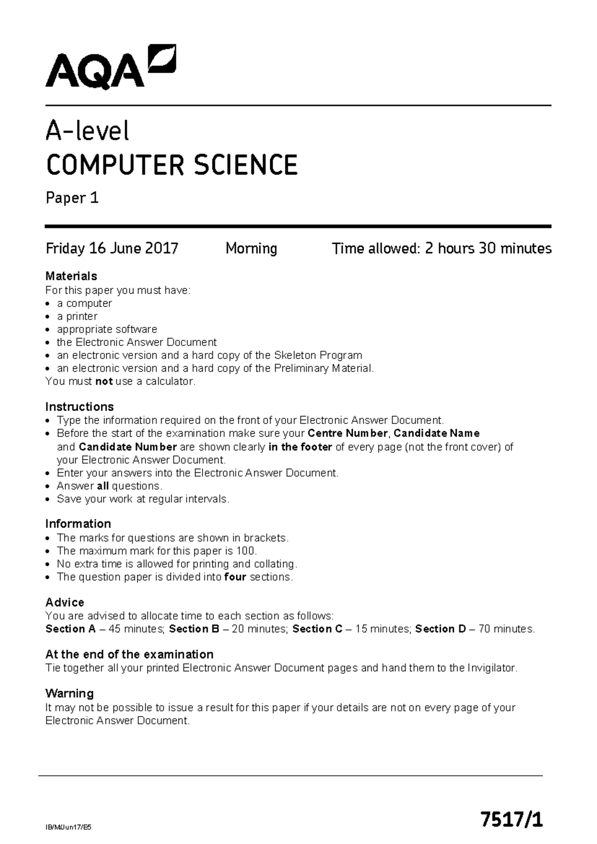 June 2017 AQA Computer Science A-level Paper 1 Exam Questions - Studocu