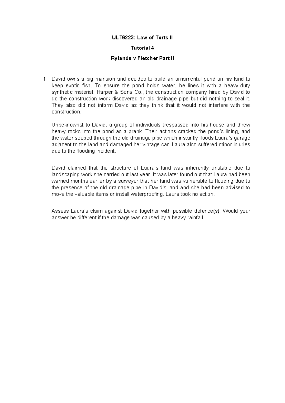 Tutorial 4 - Ryland v Fletcher Part II (Without Answer) - ULT6223: Law ...