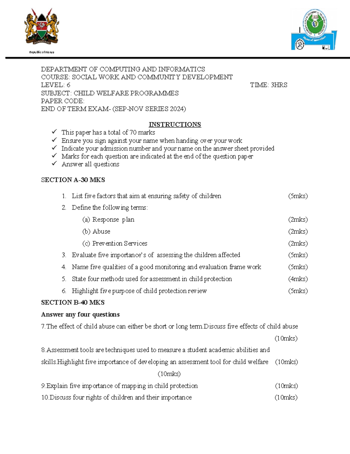 Child welfare level 6 - DEPARTMENT OF COMPUTING AND INFORMATICS COURSE ...