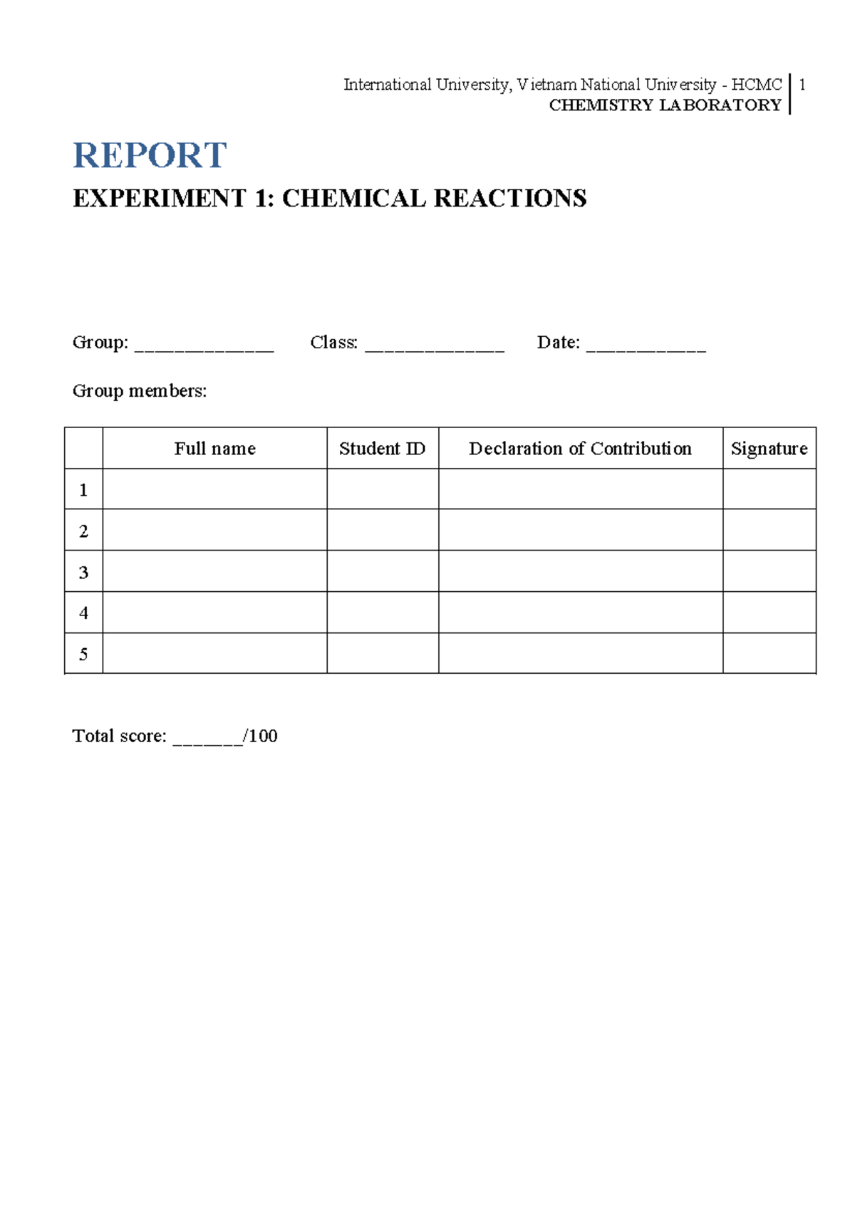 CHEM 101: Chemistry Laboratory Report - Experiments 1 to 5 - Studocu