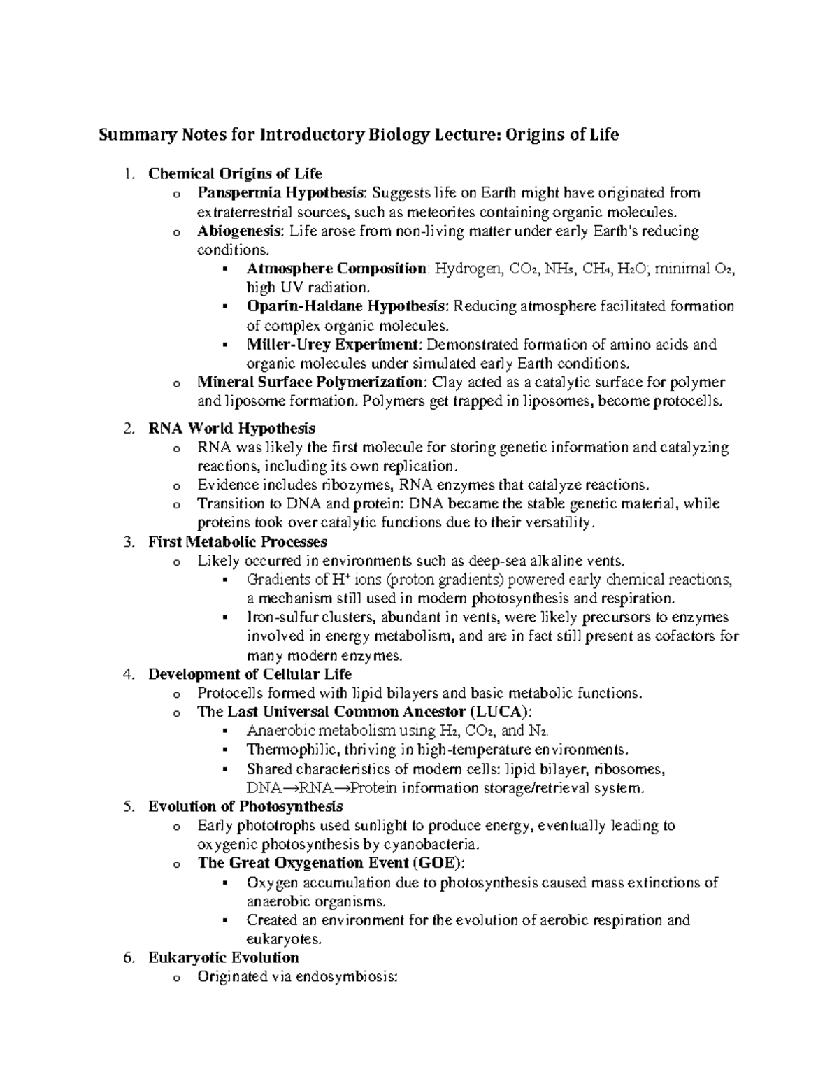 BIO101 - Chapter 1: Origins of Life - Lecture Summary Notes - Studocu