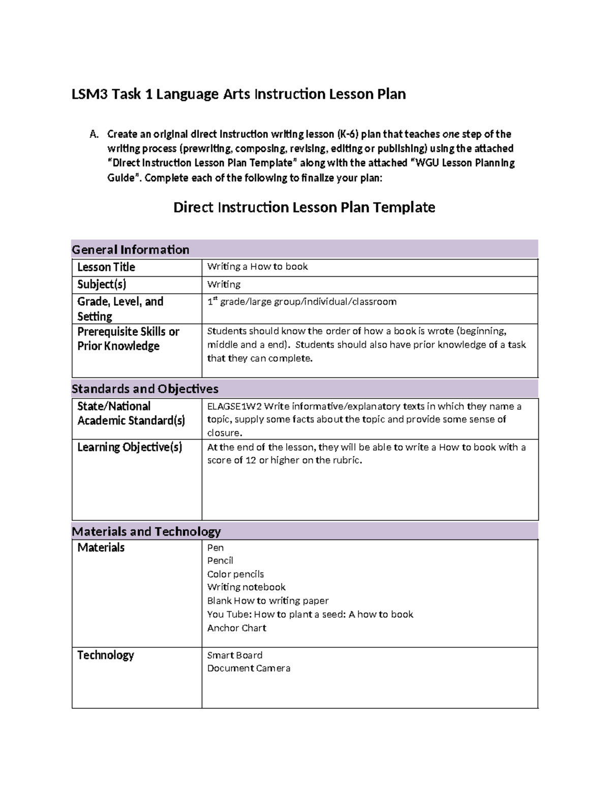 LSM3 Task 1 Language Arts Instruction Lesson Plan - Create an original ...