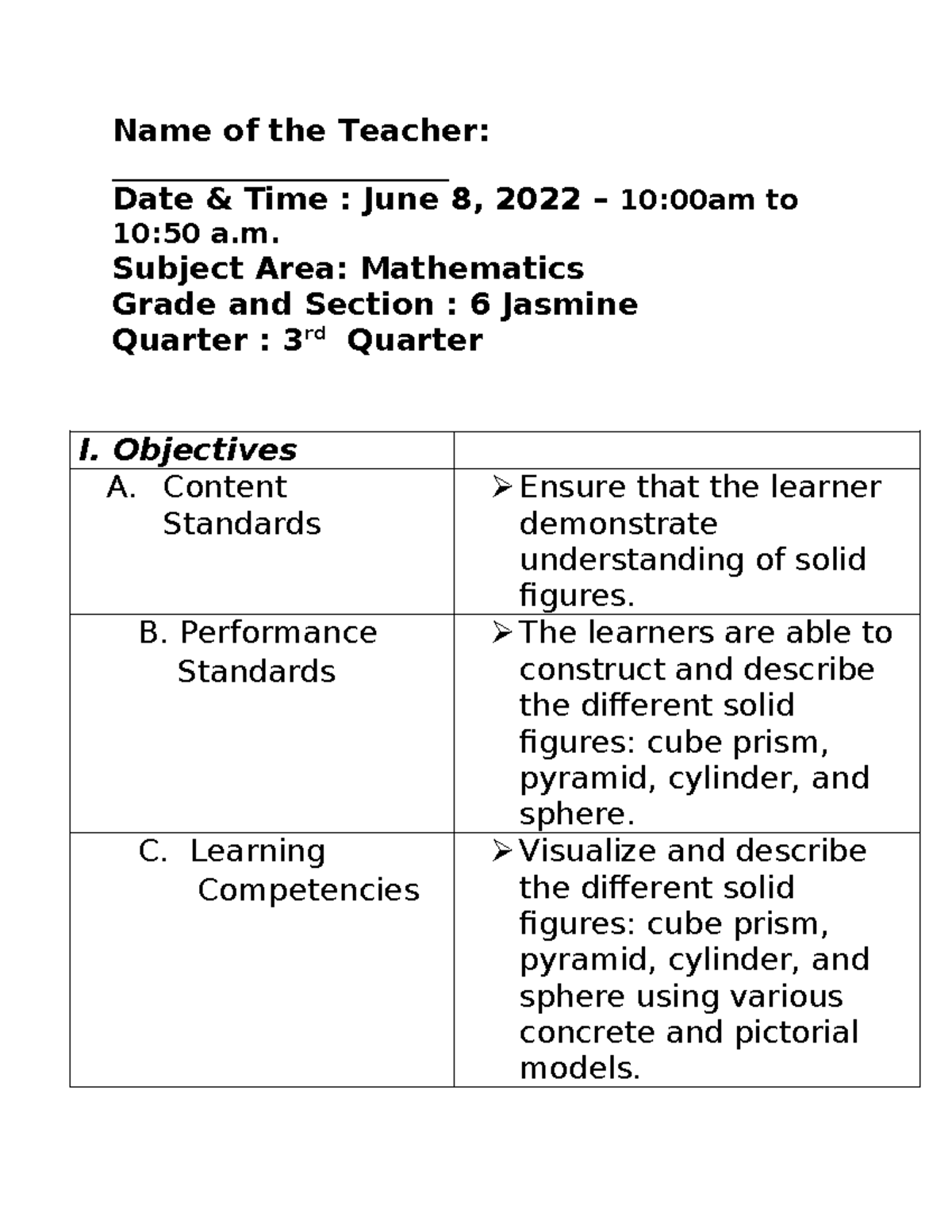 Math Grade 6 Lesson Plan: Understanding Solid Figures (Q3) - Studocu