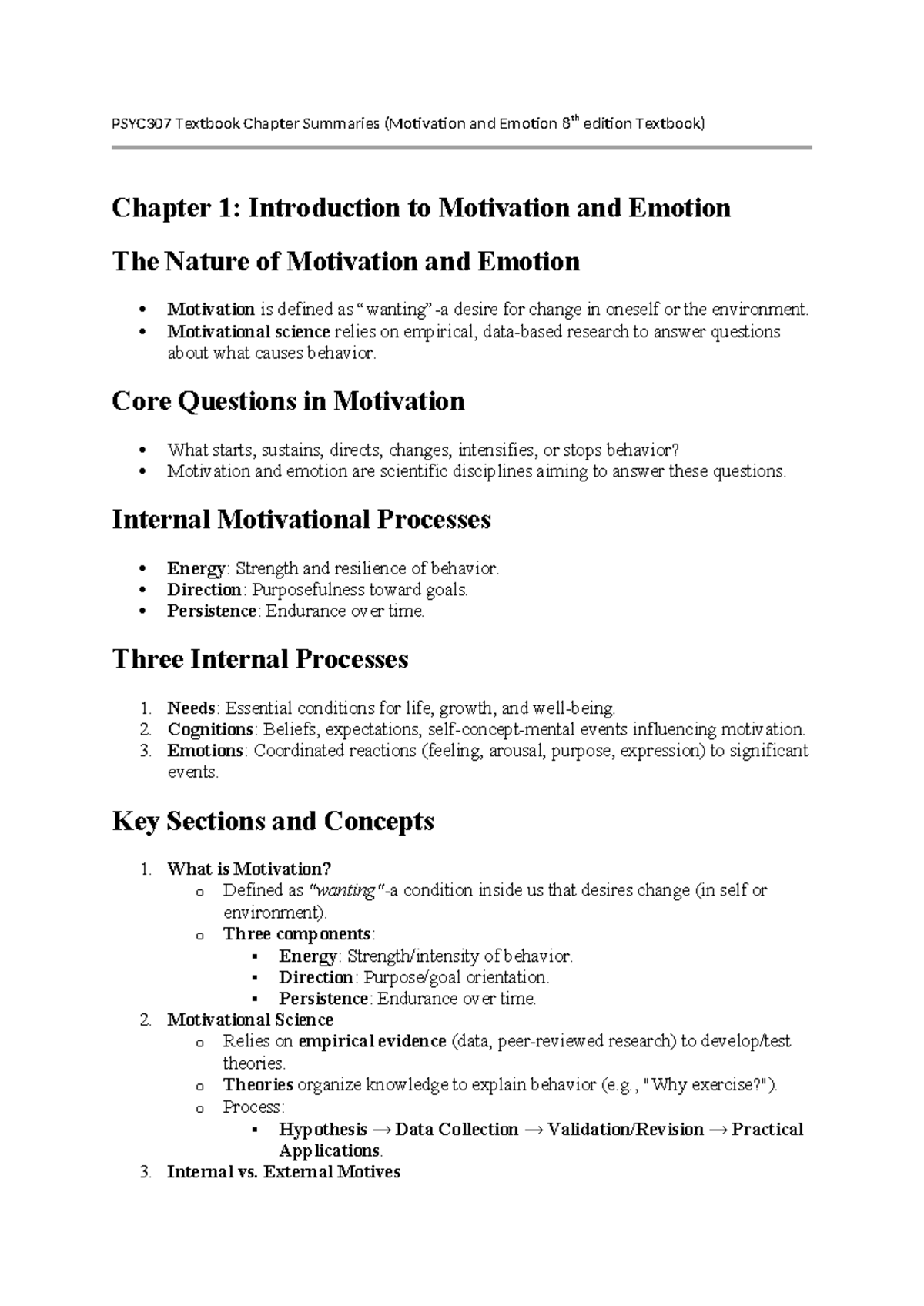PSYC307 Chapter 1 Summary: Introduction to Motivation and Emotion - Studocu