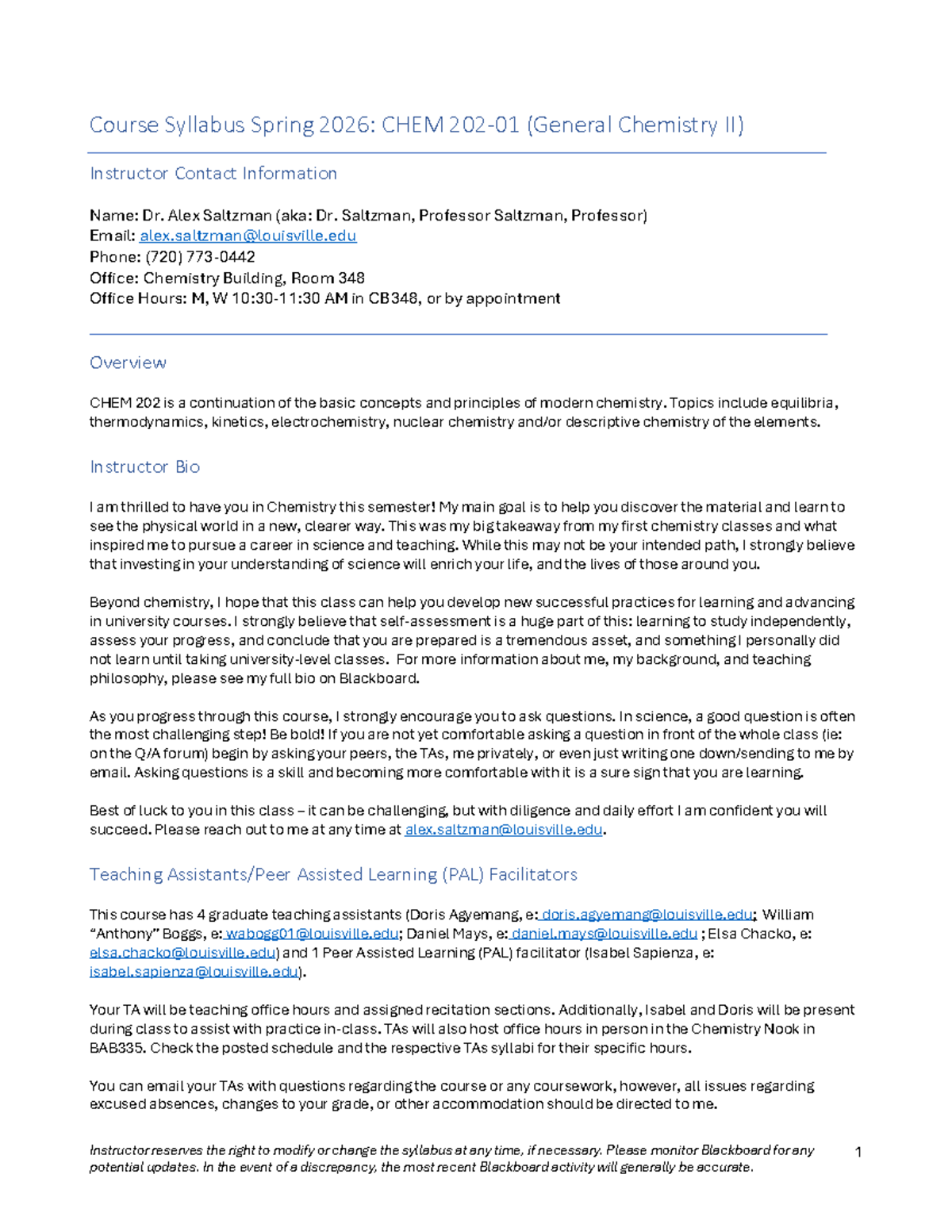 Syllabus for CHEM 202: General Chemistry II - Spring 2026 - Studocu