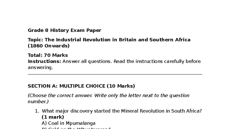 Grade 8 History Exam Paper: The Industrial Revolution Impact - Studocu