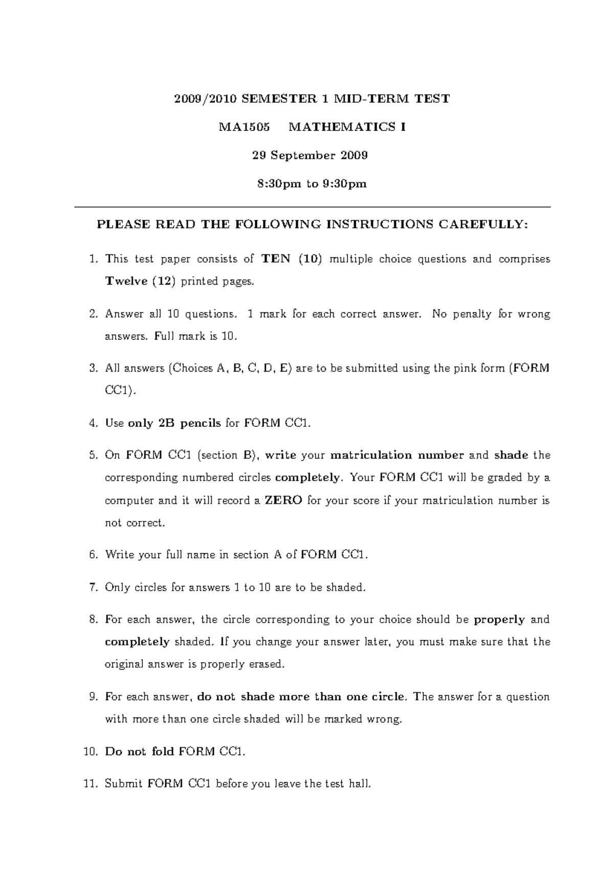 MA1505 Mathematics I Mid-Term Test Answers & Solutions (2009) - Studocu