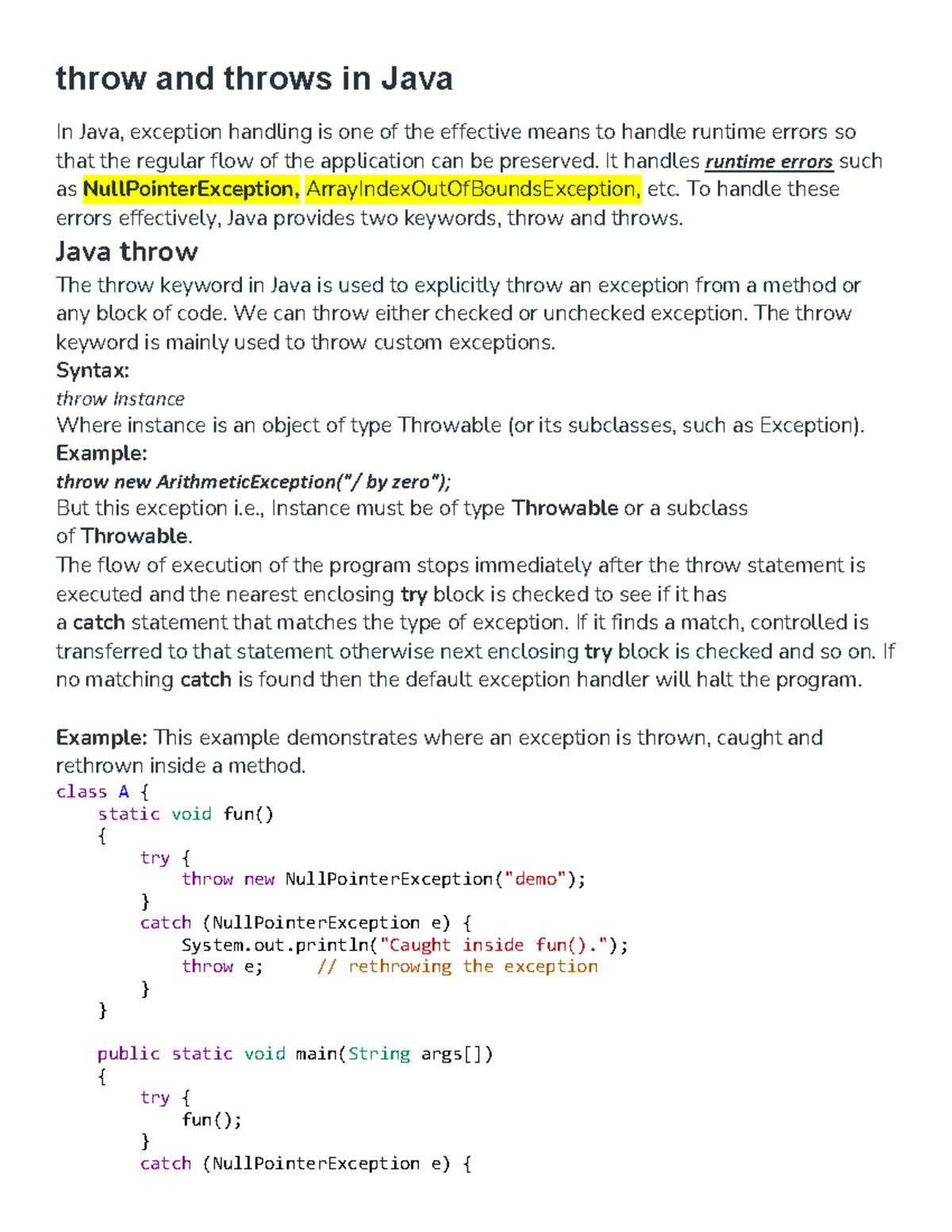 Java Exception Handling: Understanding 'throw' and 'throws' - Studocu