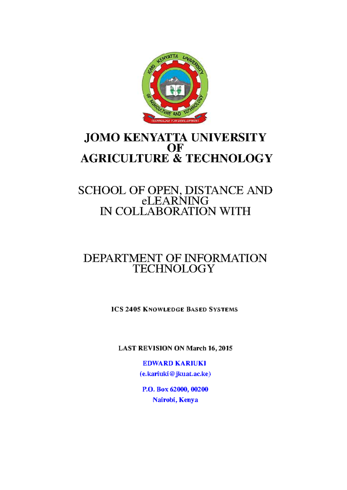ICS 2405 - Knowledge Based Systems Course Overview and Key Concepts ...