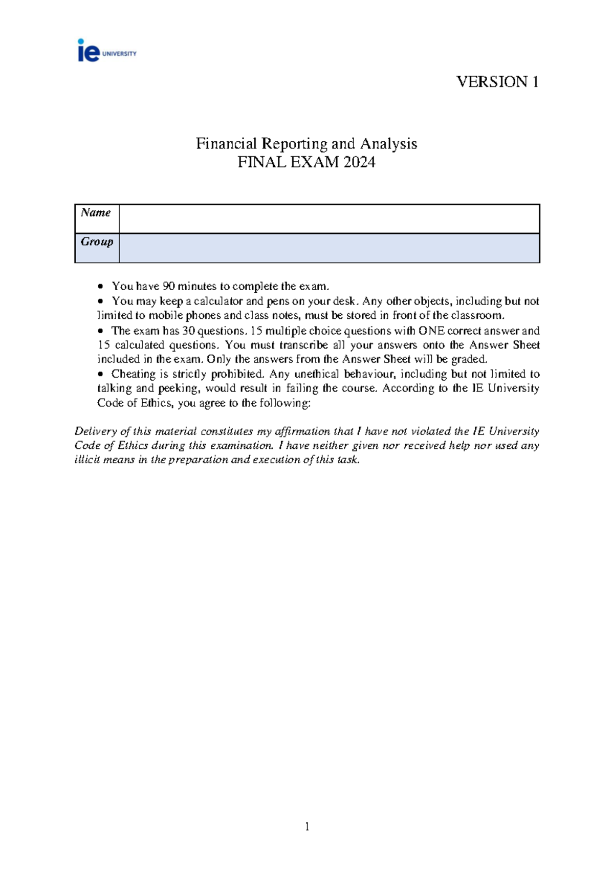 Financial Reporting & Analysis FINAL EXAM 2024 Version 1 - Studocu